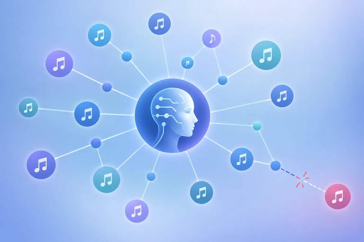 Song nodes with most lines converging on one central hub, one link cut and a single node left isolated