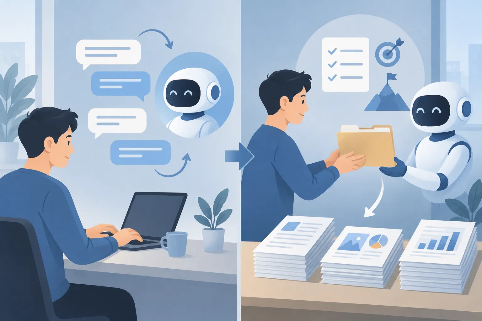 Split illustration contrasting a back-and-forth chat loop with handing over a goal and receiving finished files