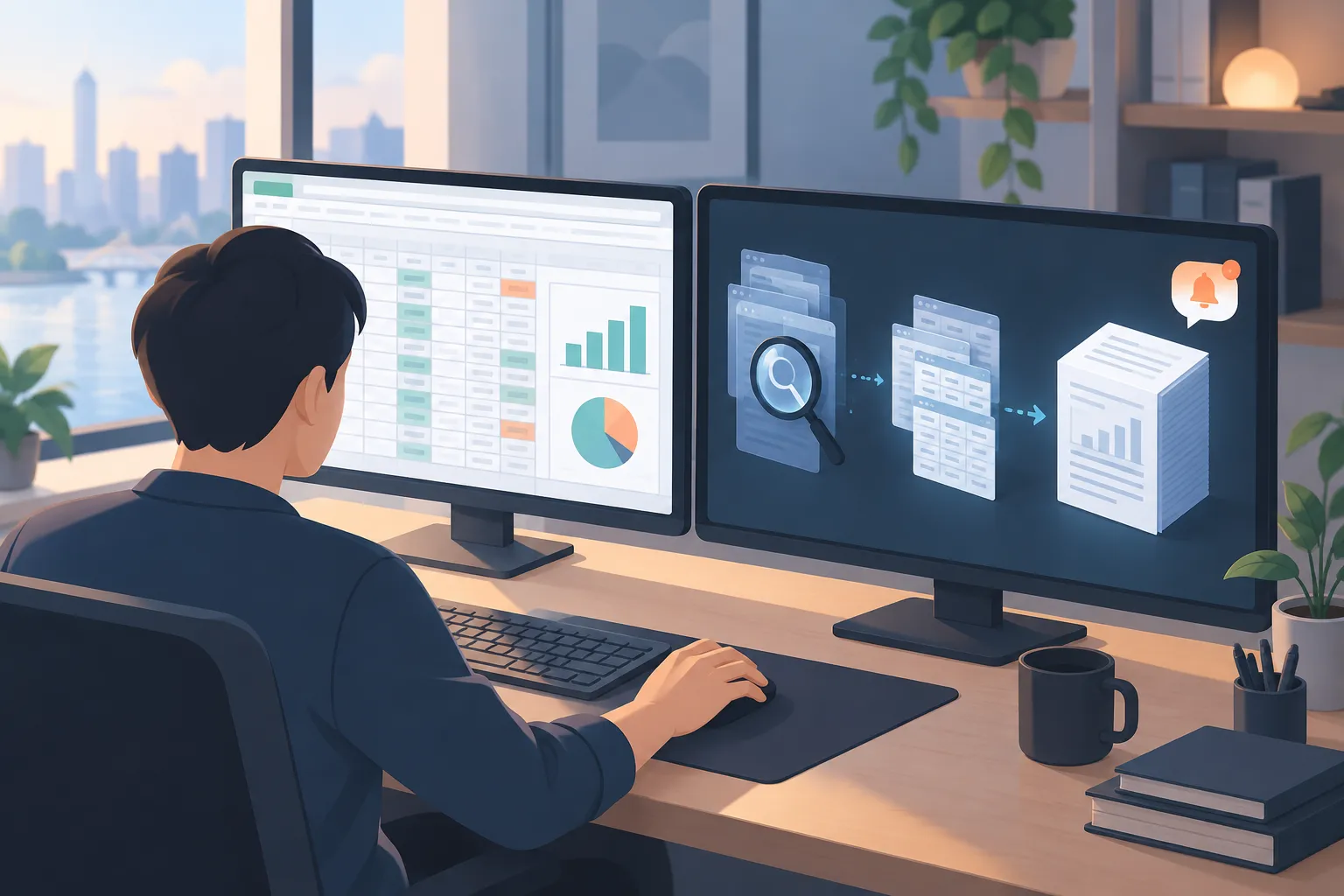 A person working in a spreadsheet while a research report assembles on a second screen in the background