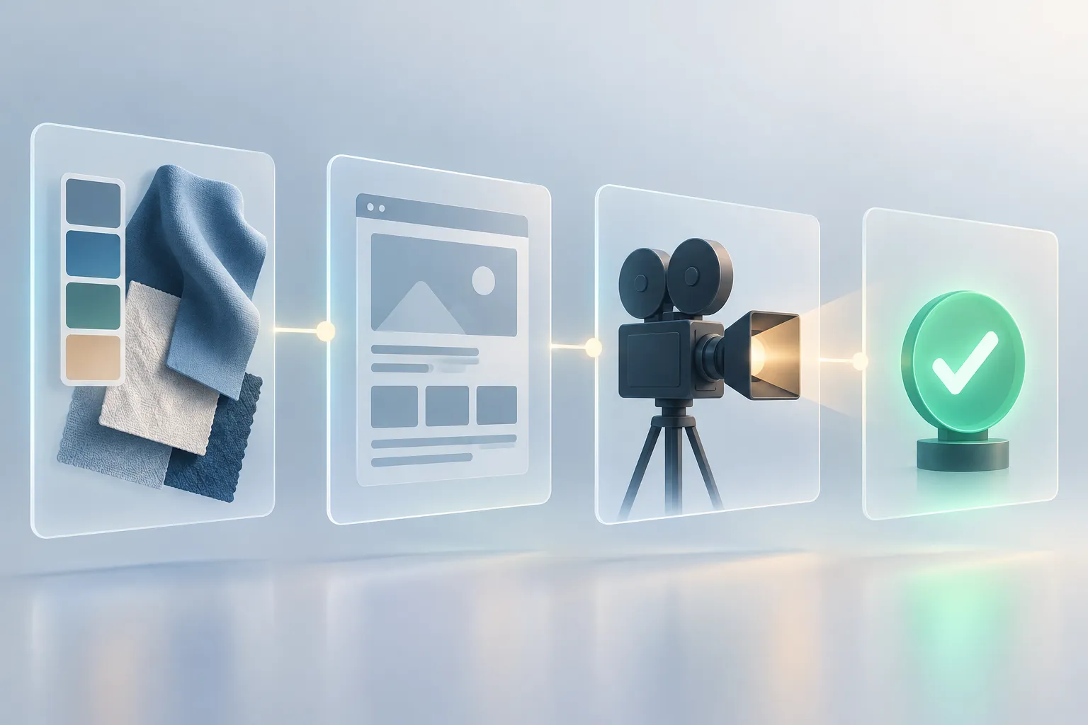 Four translucent panels showing color swatches, a page wireframe, a film camera and a green approval light