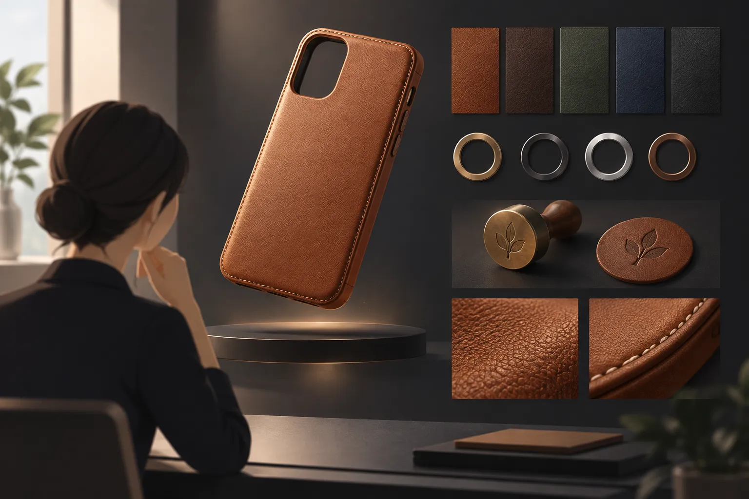 Leather phone case rotating above a dark web page next to leather color swatches and metal finish samples