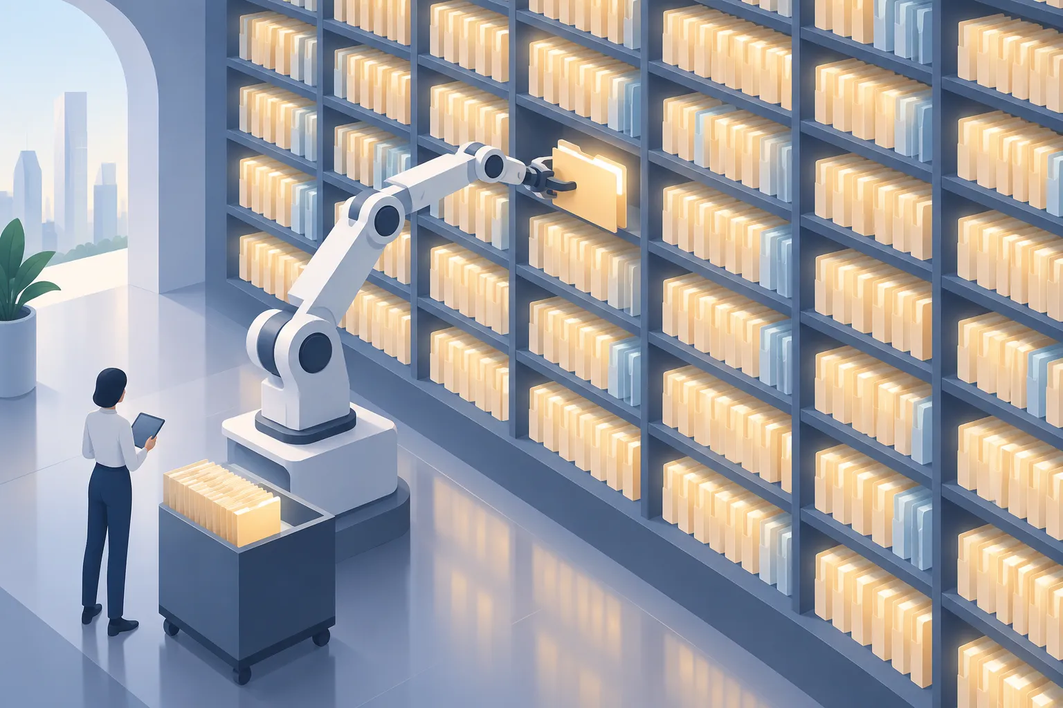 A robotic arm placing a new folder onto a vast wall of glowing manuscript folders arranged in clusters