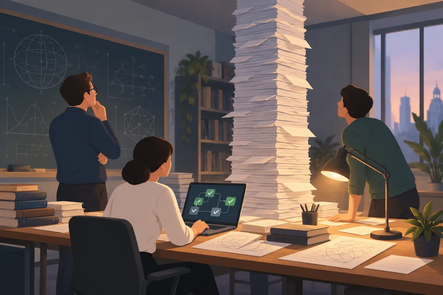 A few mathematicians at a long desk reviewing a stack of papers that reaches the ceiling, one using a laptop
