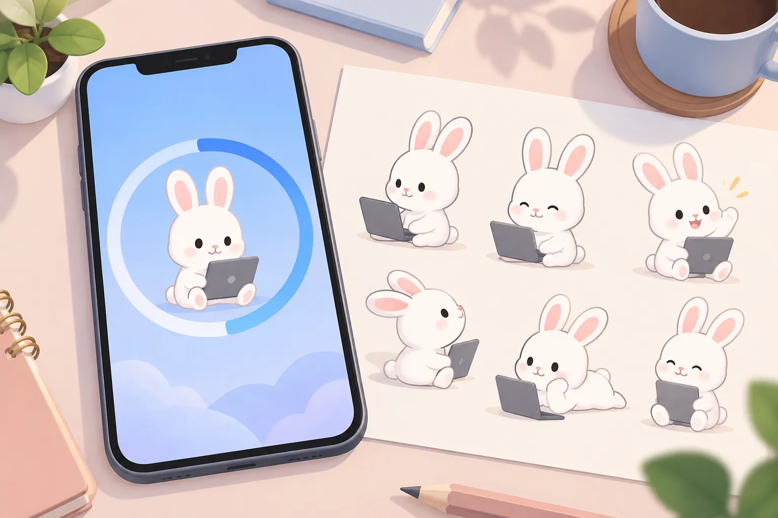 A white cartoon bunny with a laptop inside a circular loading ring, surrounded by separate pose sketches