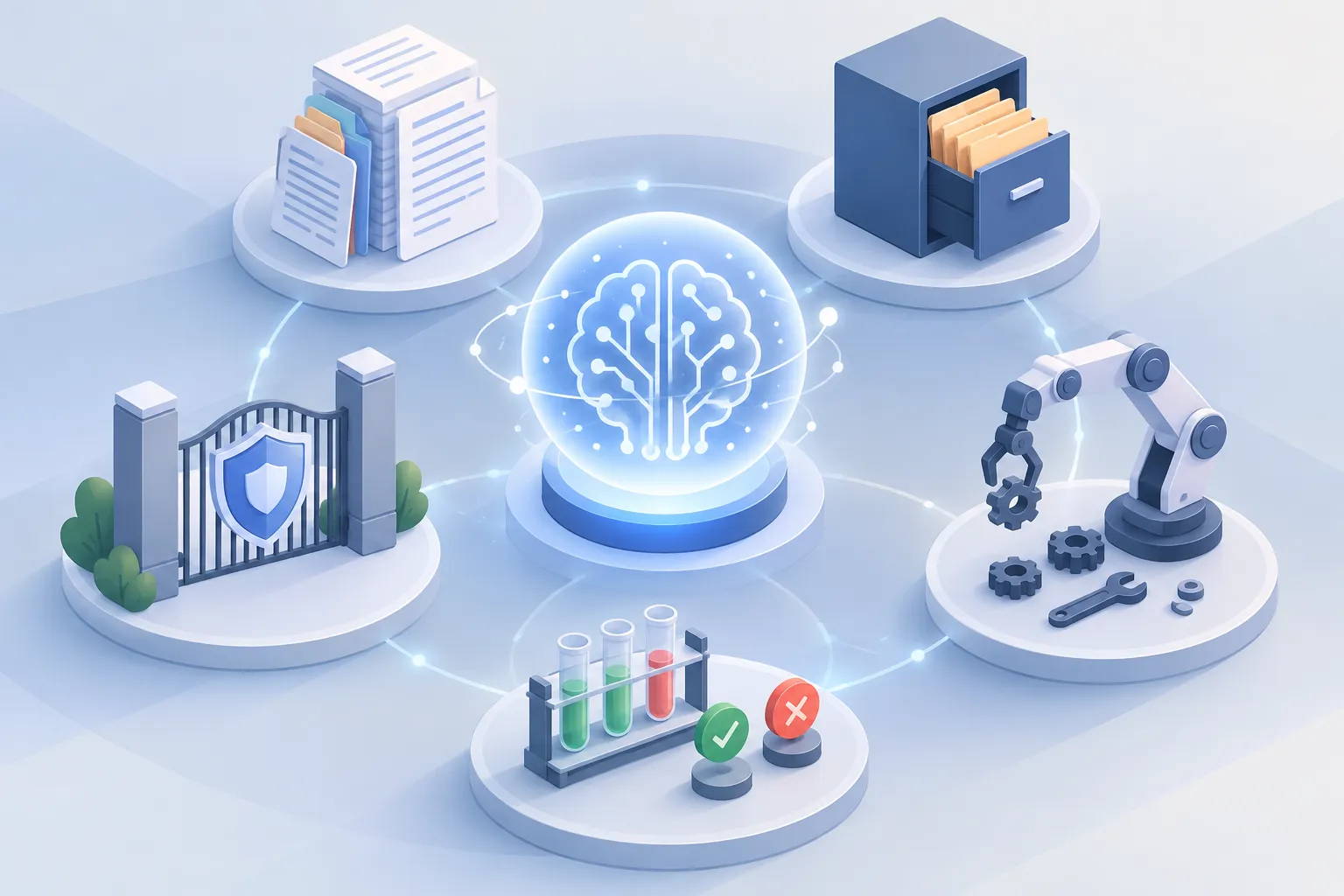 A central orb for an AI model ringed by five pillars for context, memory, tools, verification and permissions