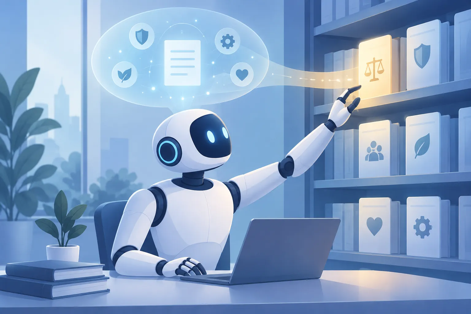 A robot assistant pulling policy rules from a glowing shelf into its working context before writing code