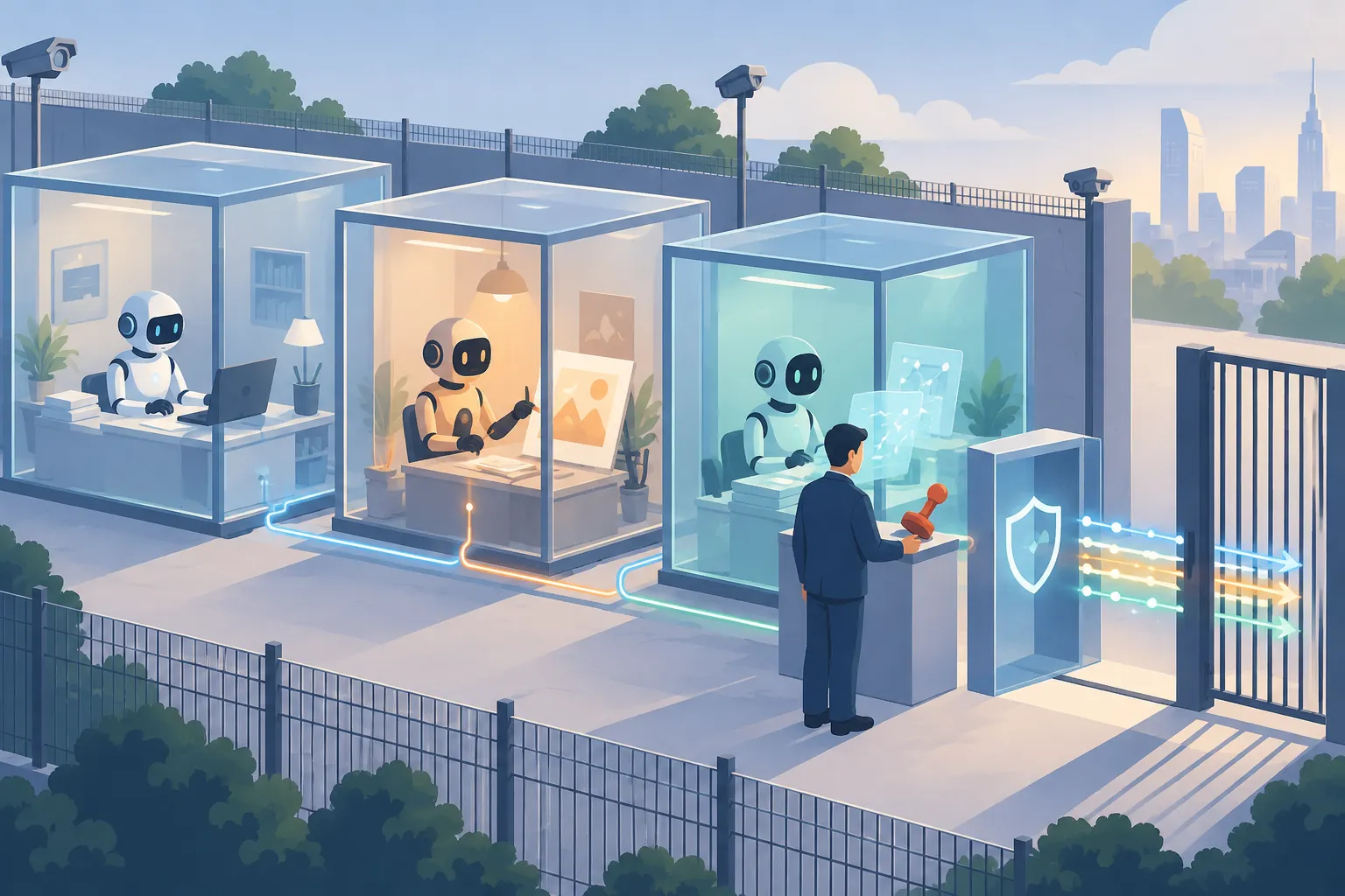 Robot assistants in isolated glass rooms behind a fence with one filtered exit and a human holding an approval stamp