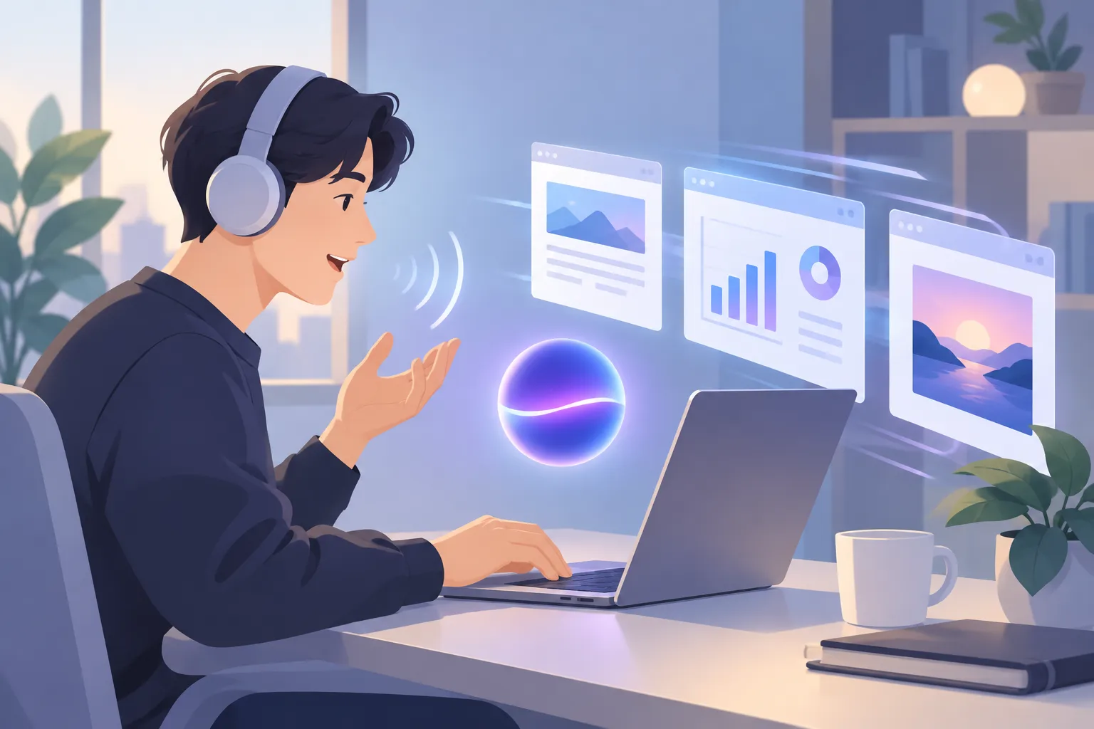 A desktop with a glowing focus orb beside a laptop while a person speaks a command and app windows switch instantly
