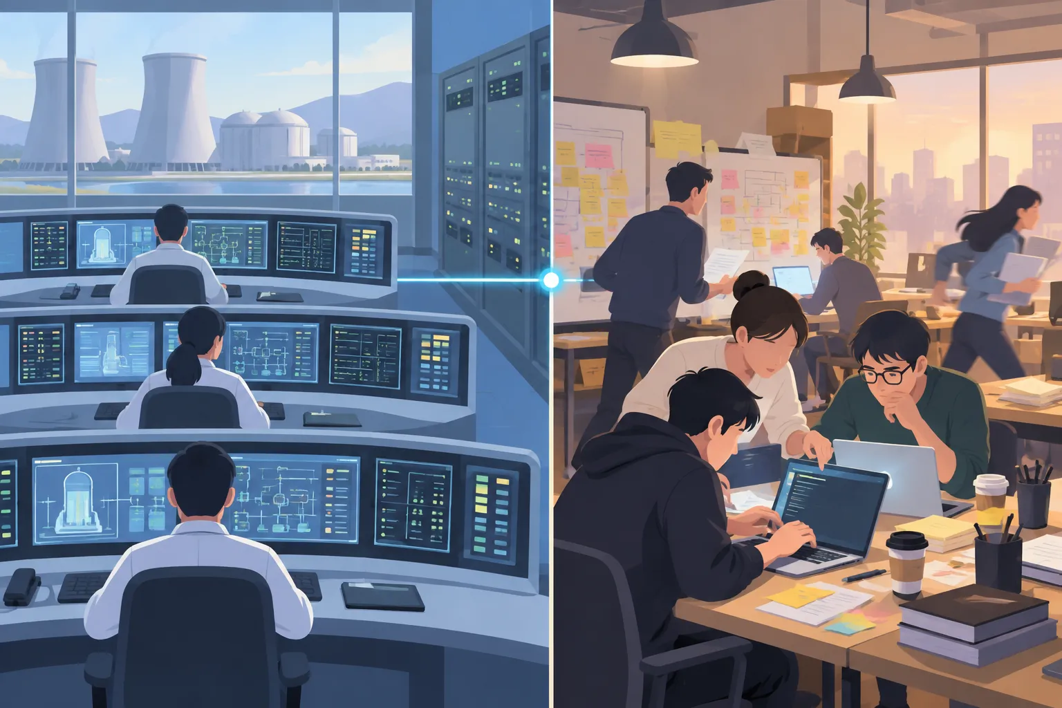 A nuclear control room with layered safety panels contrasted with a crowded, hurried startup workspace