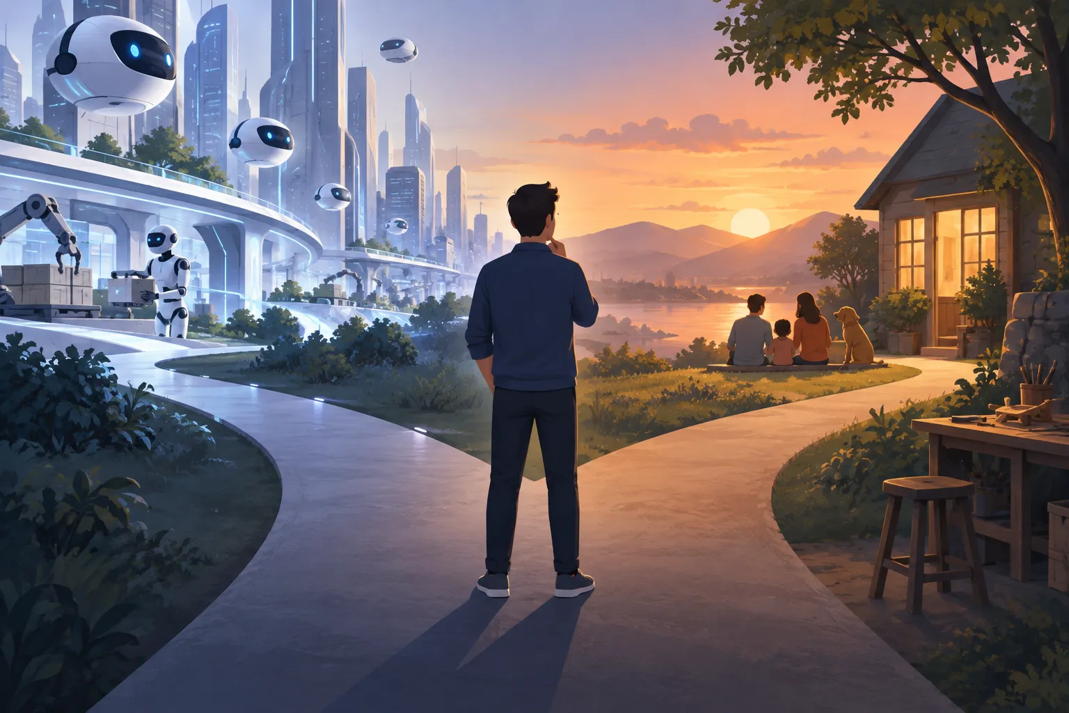 A person at a dusk crossroads between an automated city of machines and a modest family home