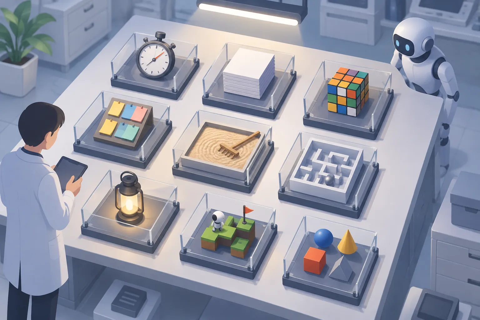 Nine test stations on a lab bench, each with an object standing for speed, memory, reasoning or building tasks