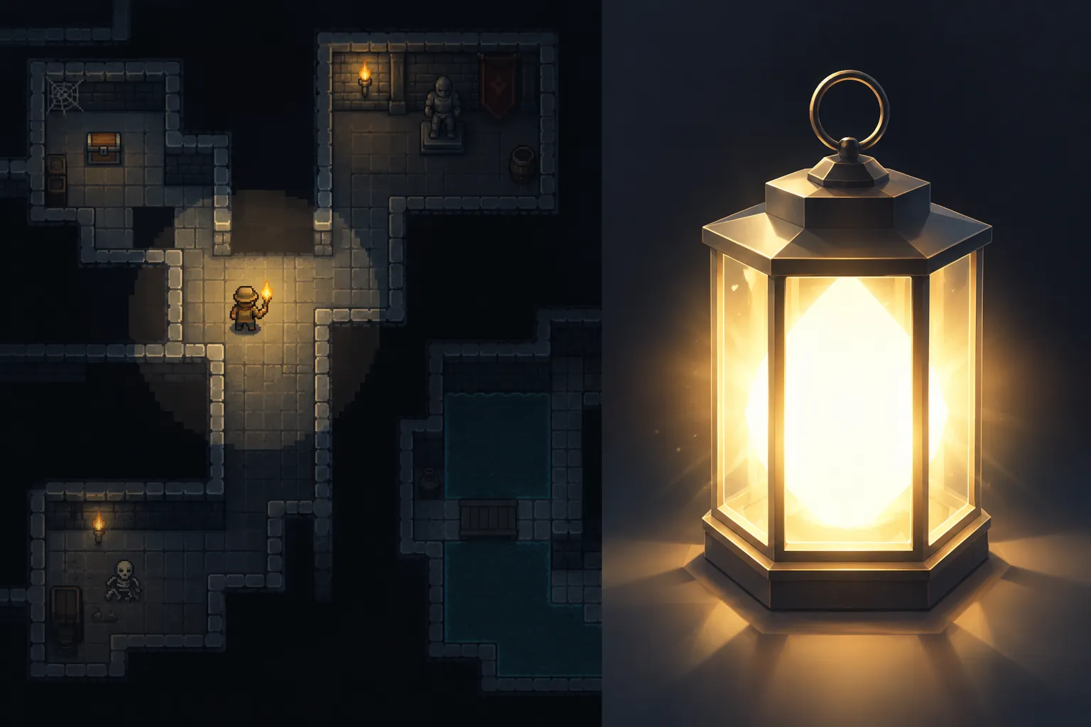 A dungeon game revealed by a circle of light beside a glowing 3D lantern with an overly bright interior