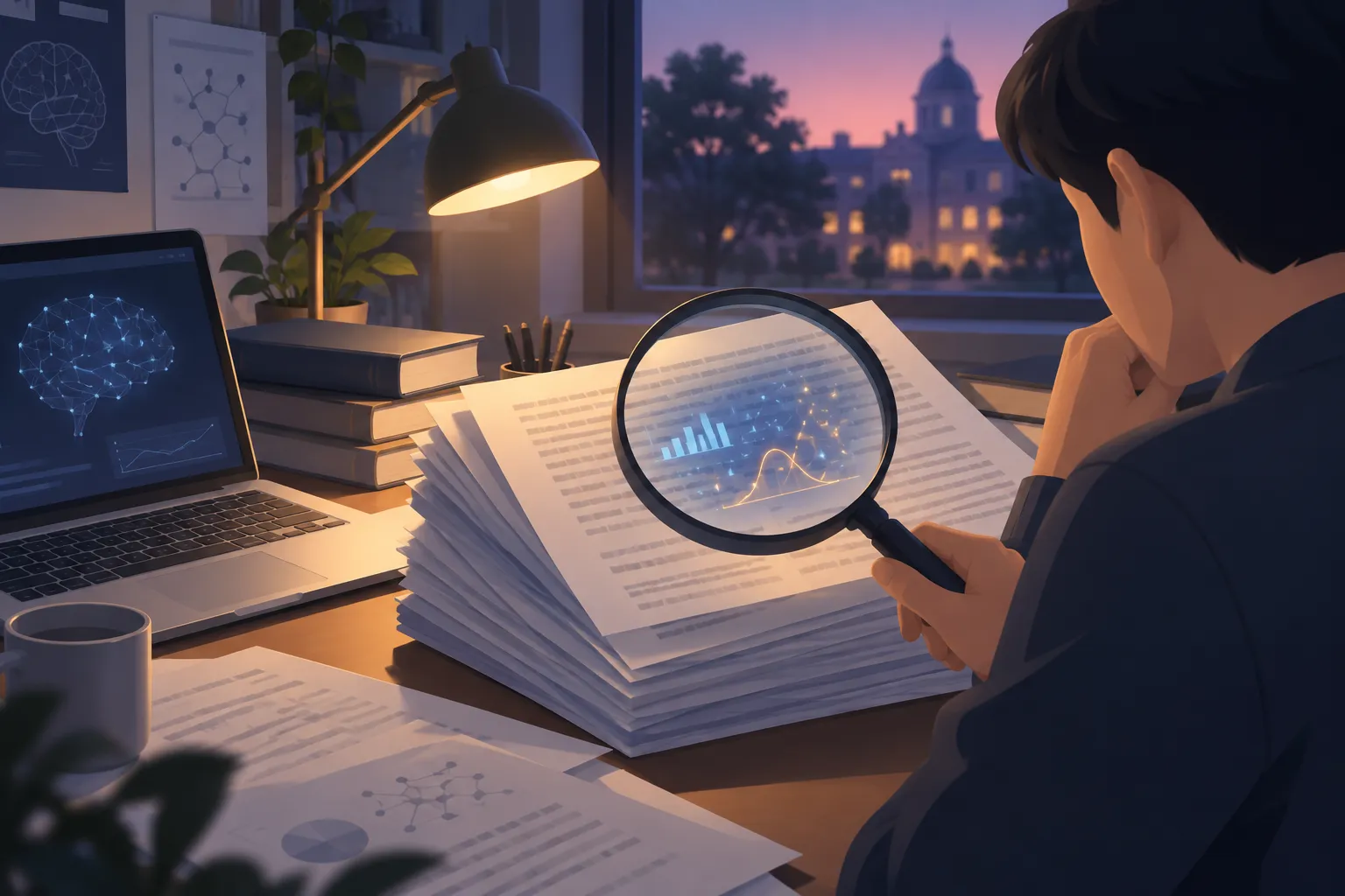 A stack of research manuscripts under a magnifying glass, with faint statistical patterns glowing between lines