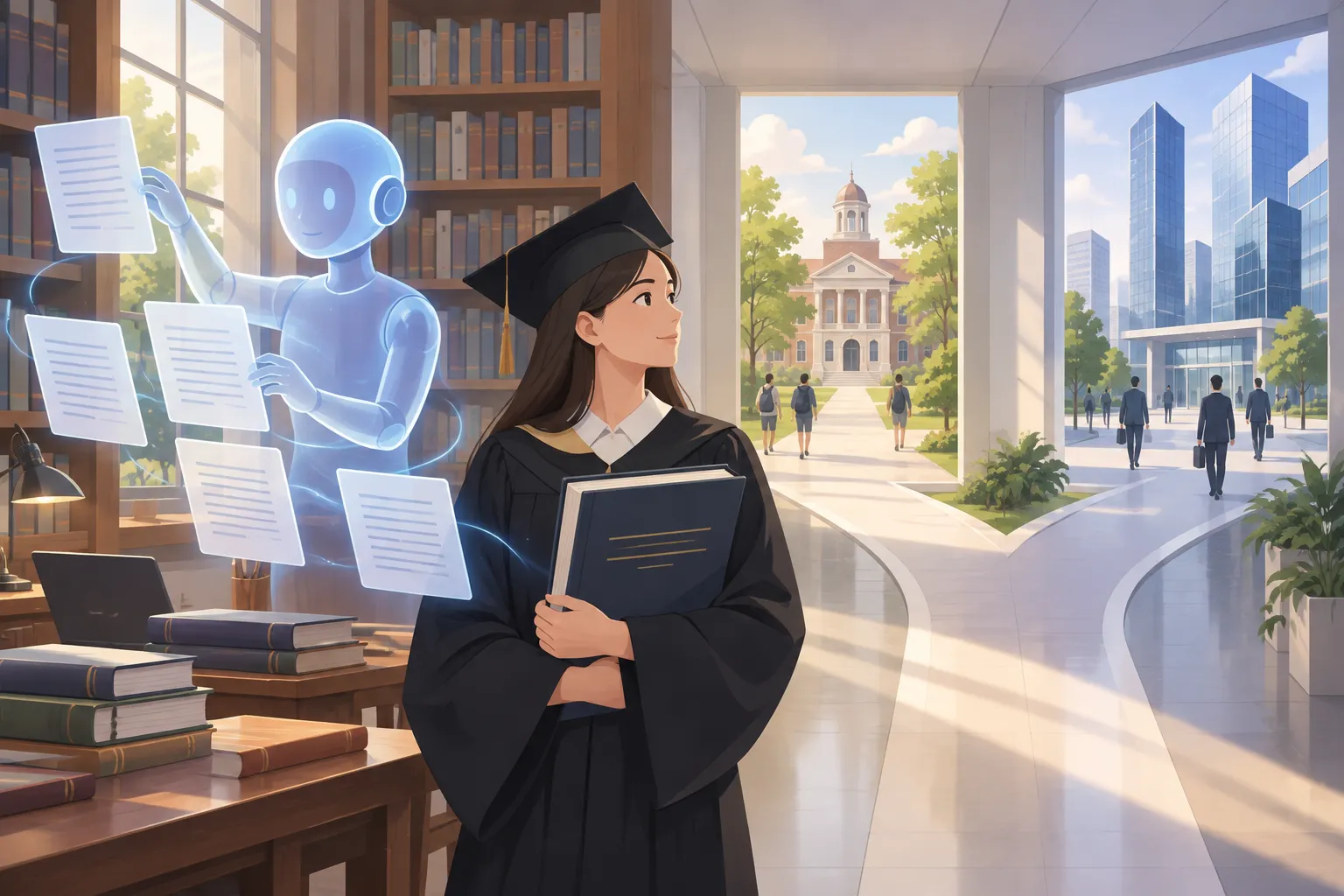 A PhD graduate holding a dissertation with AI help, facing a hallway split between a university and an office tower