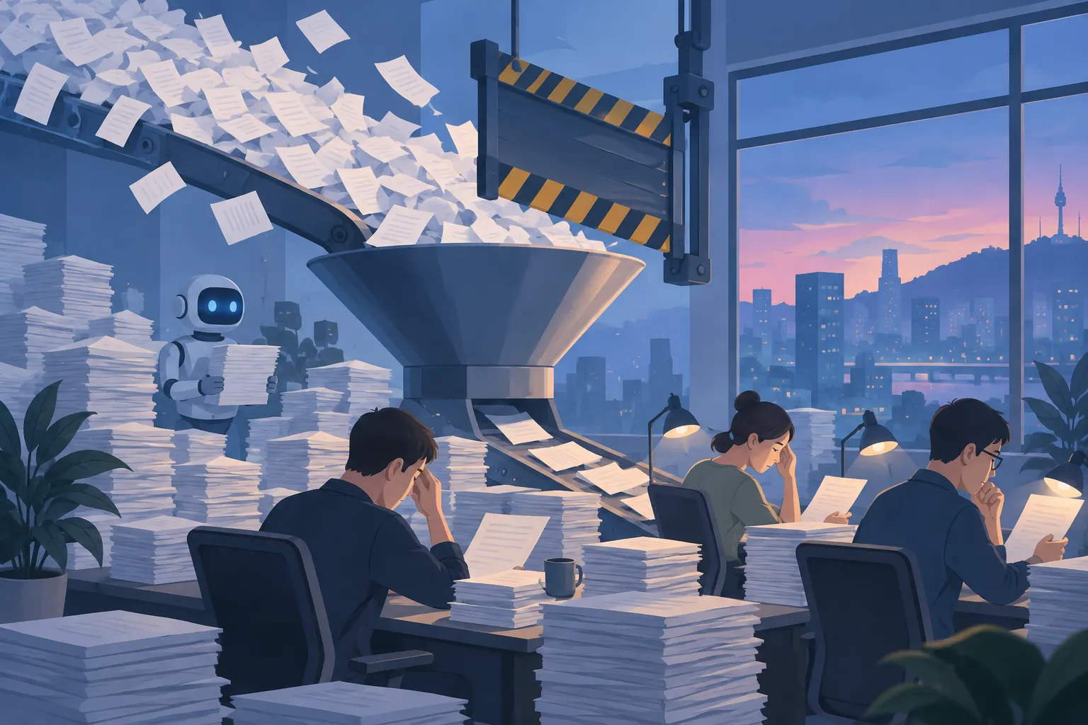 A flood of manuscripts pouring through a funnel toward a few tired volunteer moderators as a gate starts to close