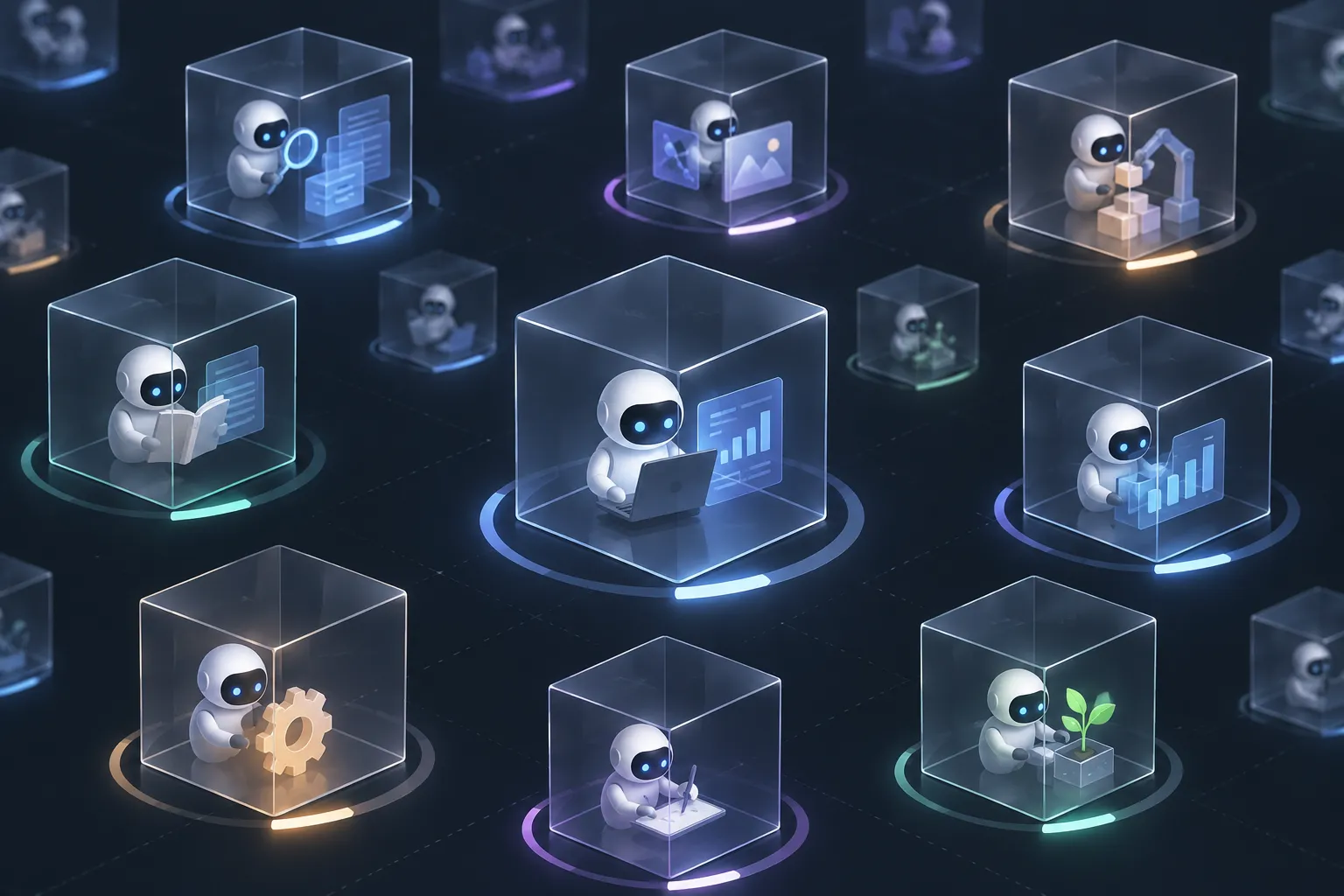 Small robotic agents working inside separate transparent cubes, each ringed by a fading timer