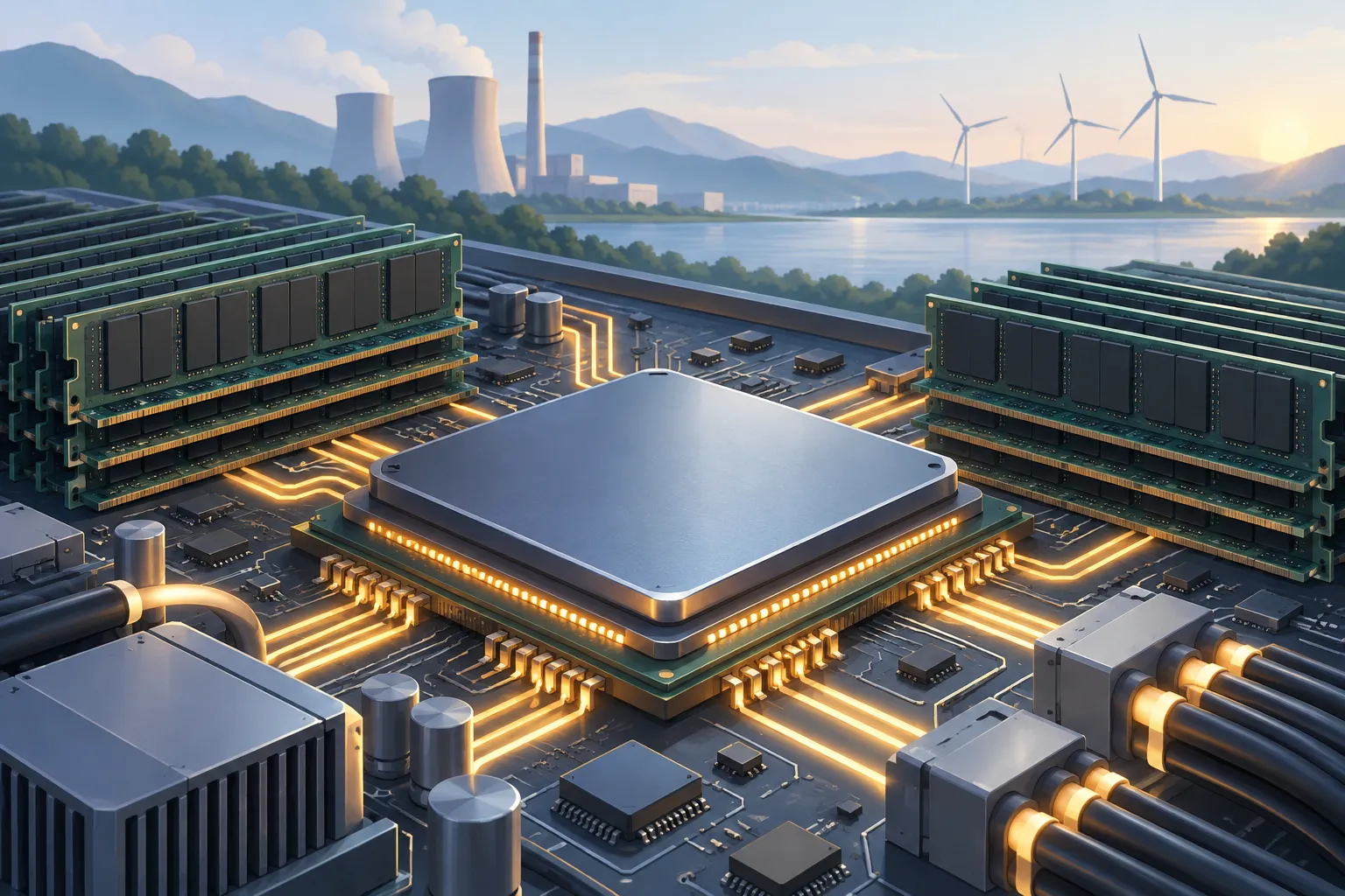 A custom chip on a circuit board with memory modules, and a power plant and wind turbines in the distance