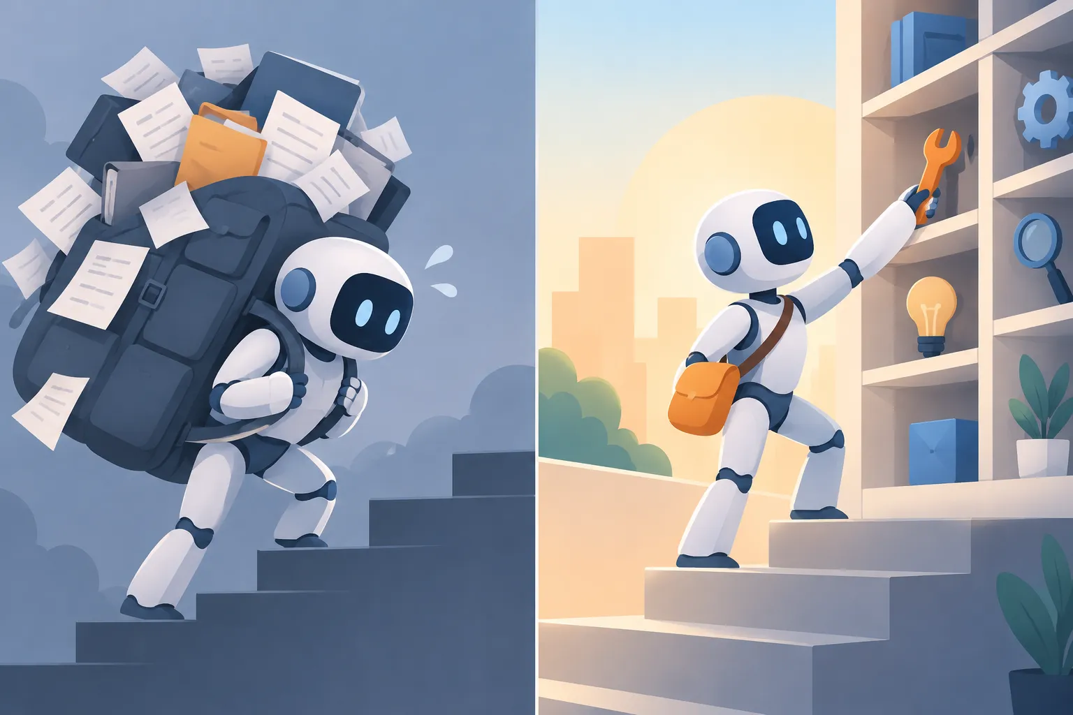 A robot weighed down by an overstuffed backpack beside the same robot picking a single tool from a shelf