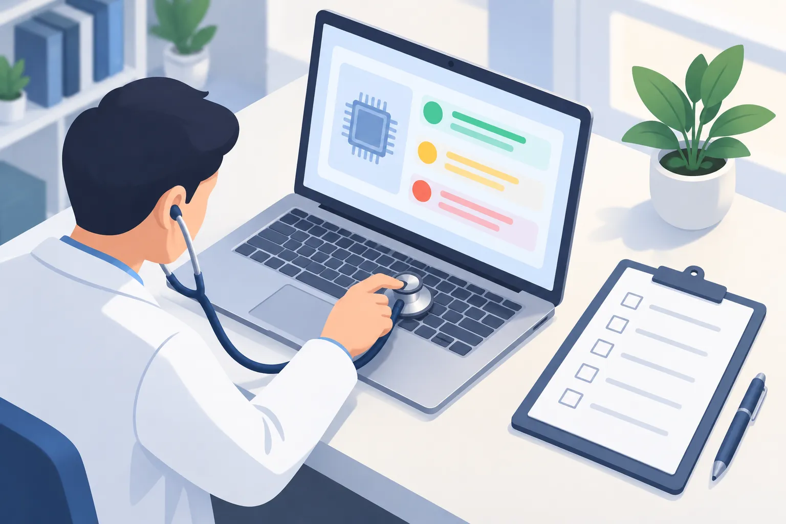 A stethoscope on a laptop showing a health report with green, yellow and red status rows next to a checklist