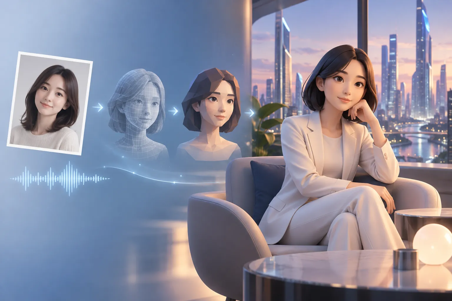 A portrait photo and a voice waveform turning into a low-poly 3D character in a futuristic skyscraper lounge