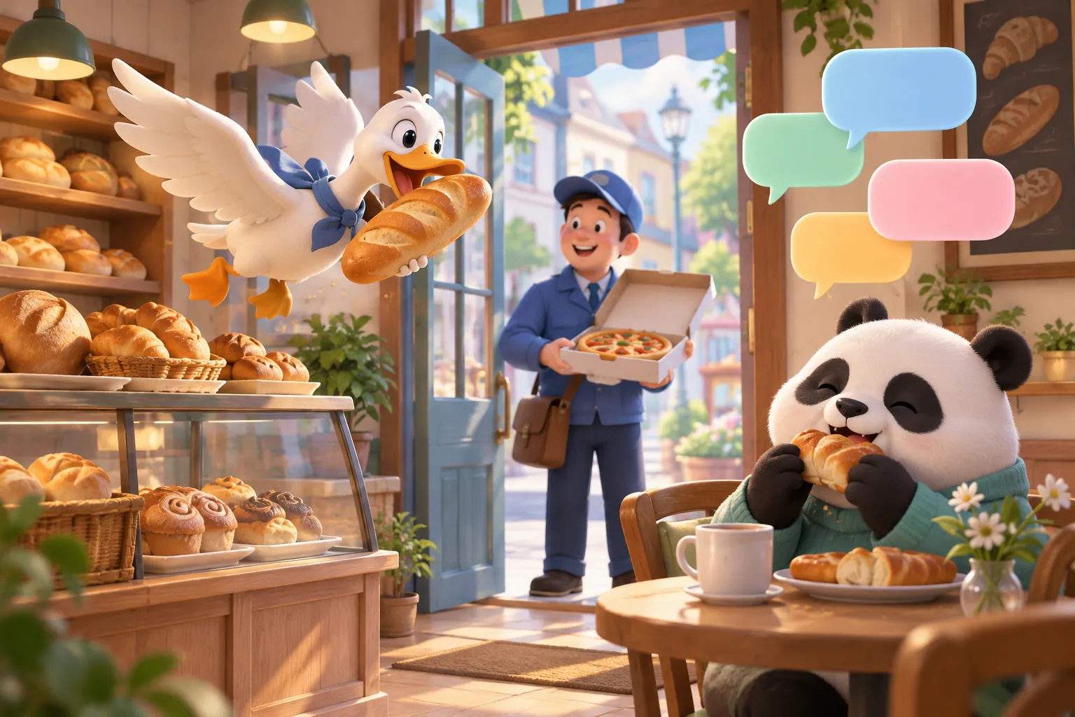 An animated bakery where a duck grabs bread and a panda eats as audience chat requests change the scene
