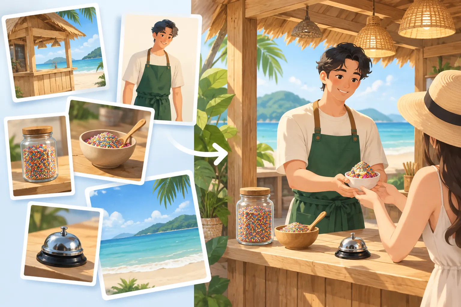 Separate reference photo cards merging into one sunny beach snack hut scene with a vendor and counter items