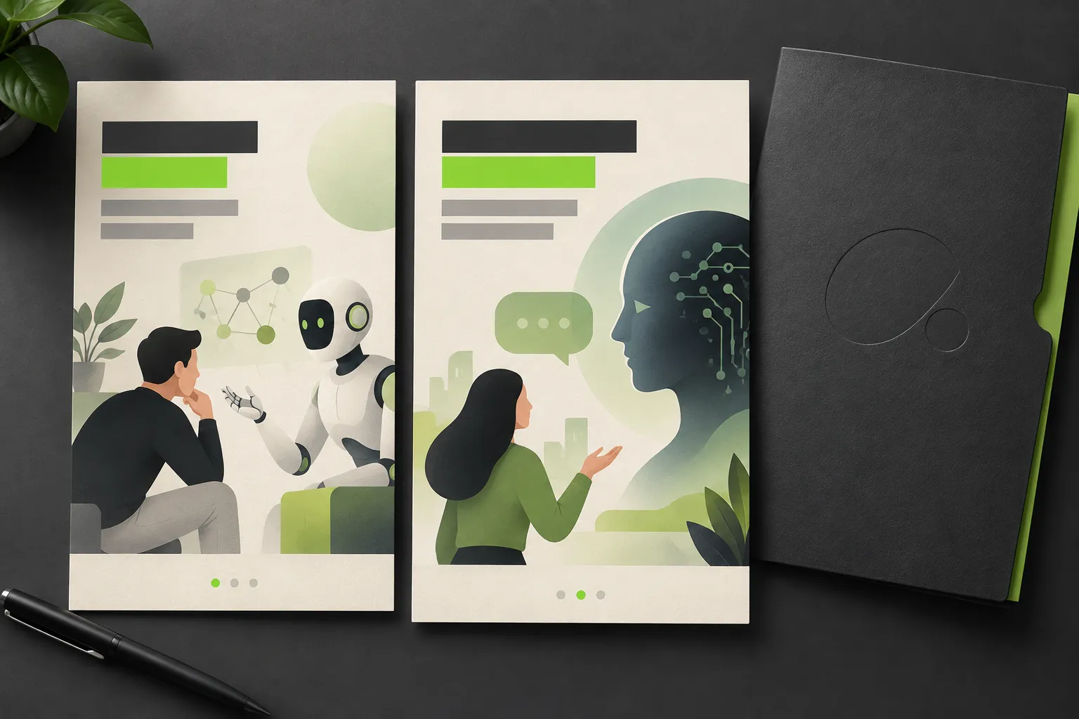 Two vertical carousel slides in matching cream, charcoal and lime design beside an embossed folder