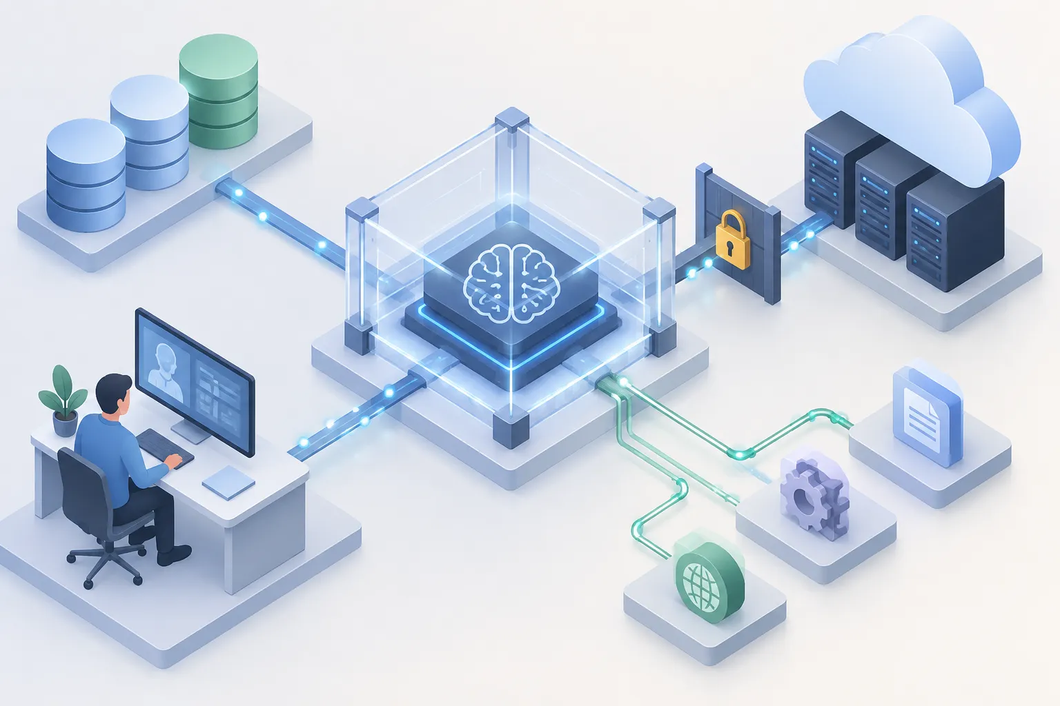An AI core inside a sturdy frame that links databases, cloud servers, a human reviewer and outside services