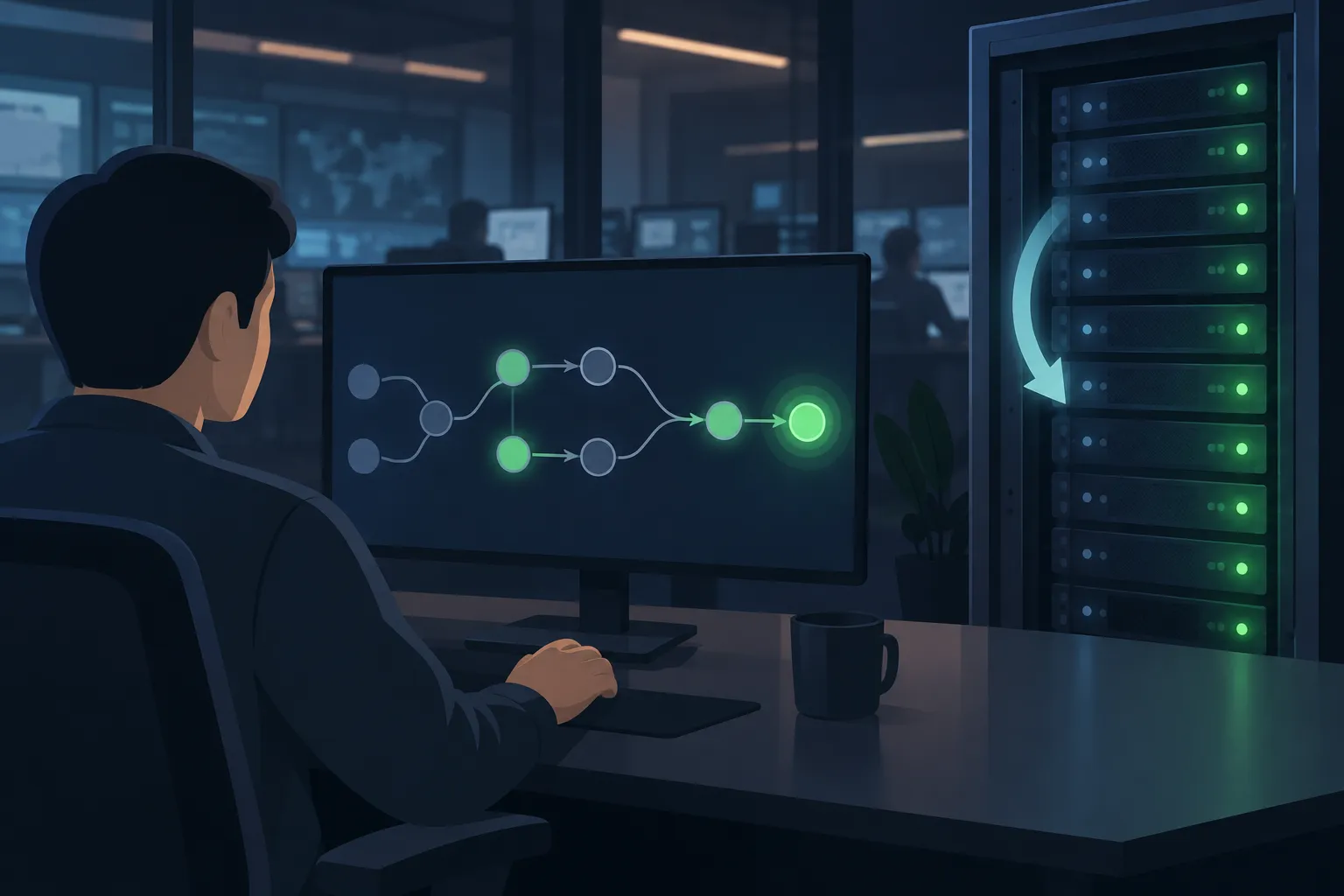 A monitor showing connected workflow nodes turning green beside a server rack returning to a healthy state
