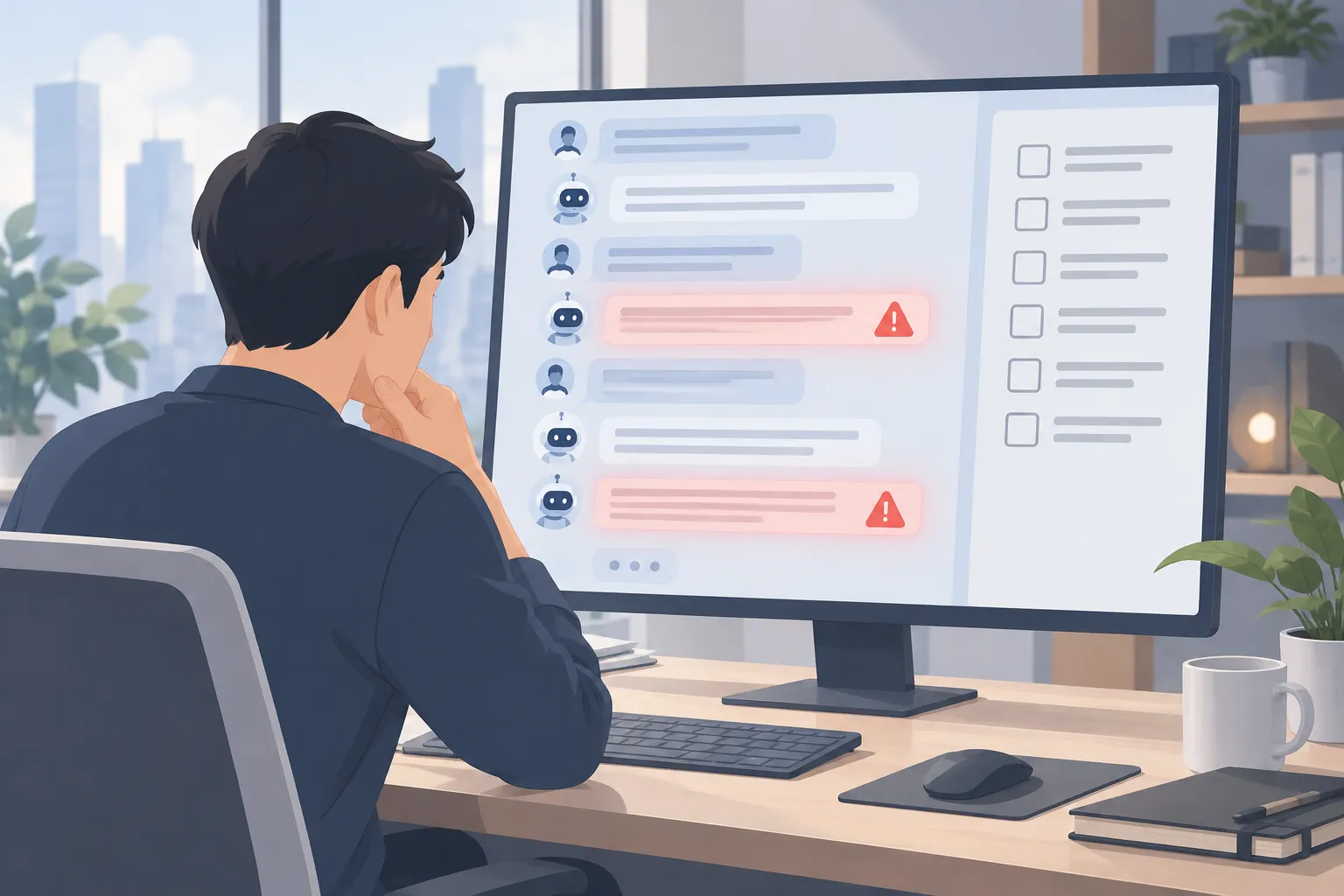A person at a desk reviews a long AI chat history on a monitor, with some messages flagged by a red warning tint
