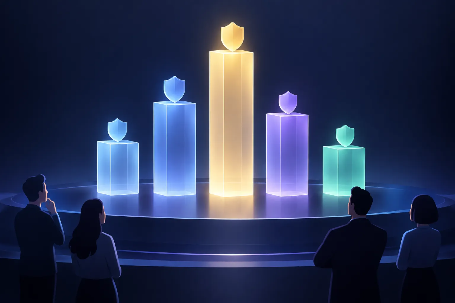 Glowing translucent pillars of different heights topped with shield shapes, representing a model alignment leaderboard