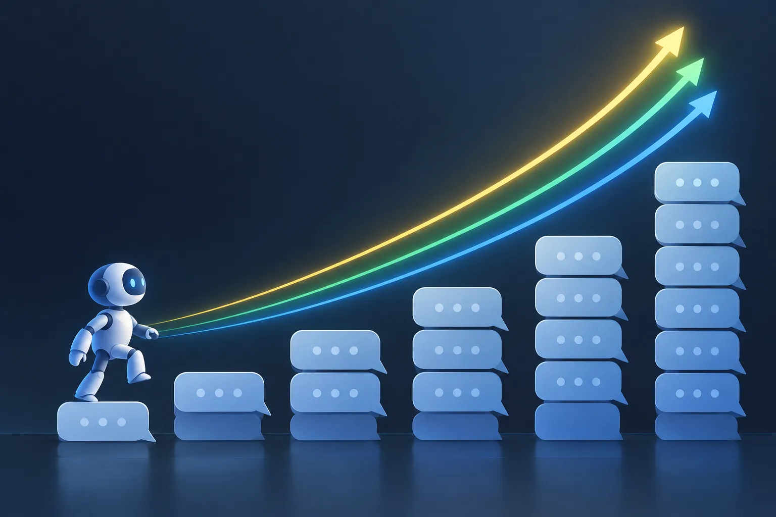 Three glowing ribbons in yellow, green and blue curving upward over a growing stack of chat bubbles