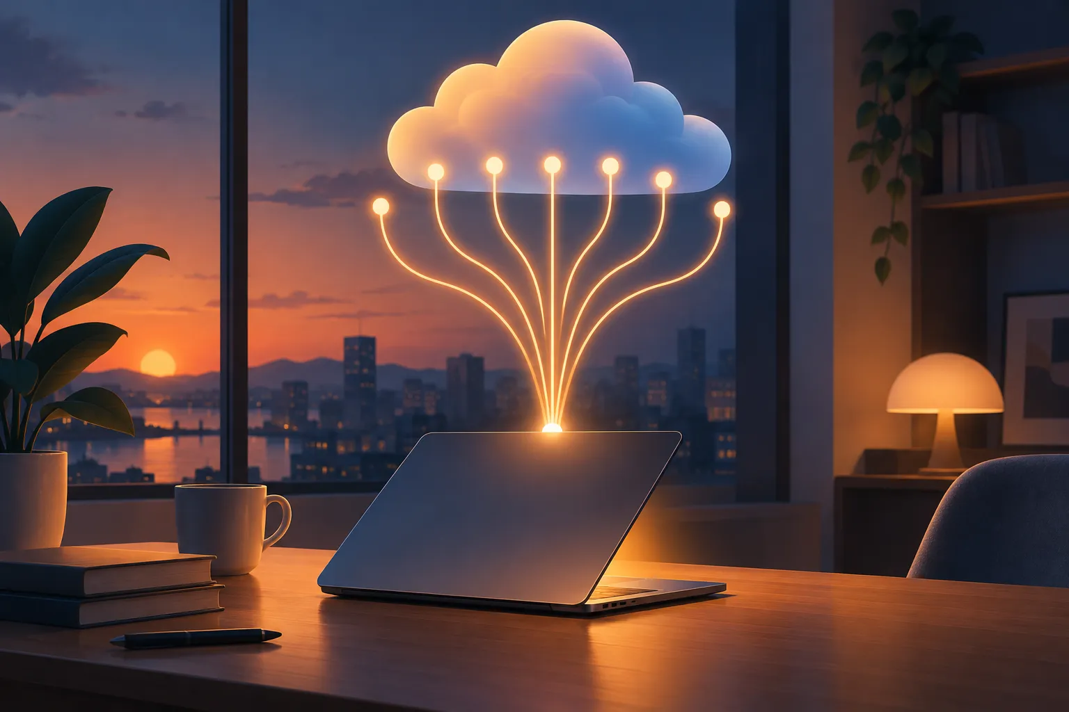 A half-closed laptop on a desk beneath eight glowing streams of light branching from one node into a cloud