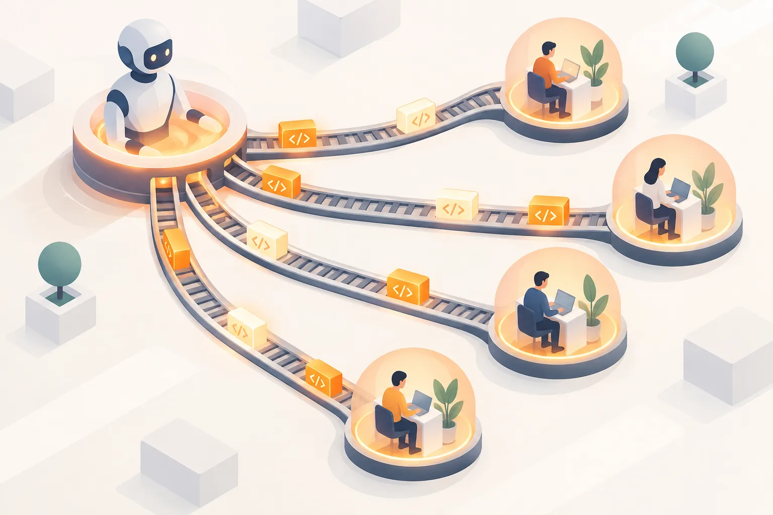 A central coordinator node sending tasks to separate work pods, each on its own parallel branching track