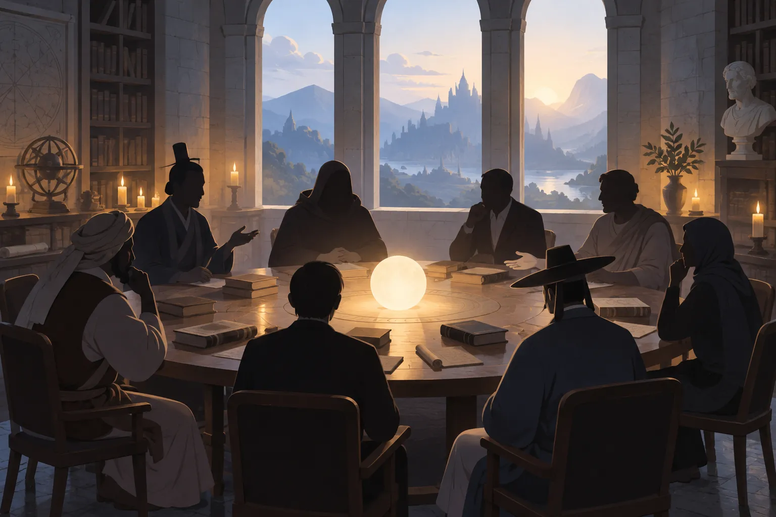 Silhouetted scholars in varied attire seated around a table with a small glowing orb at its center