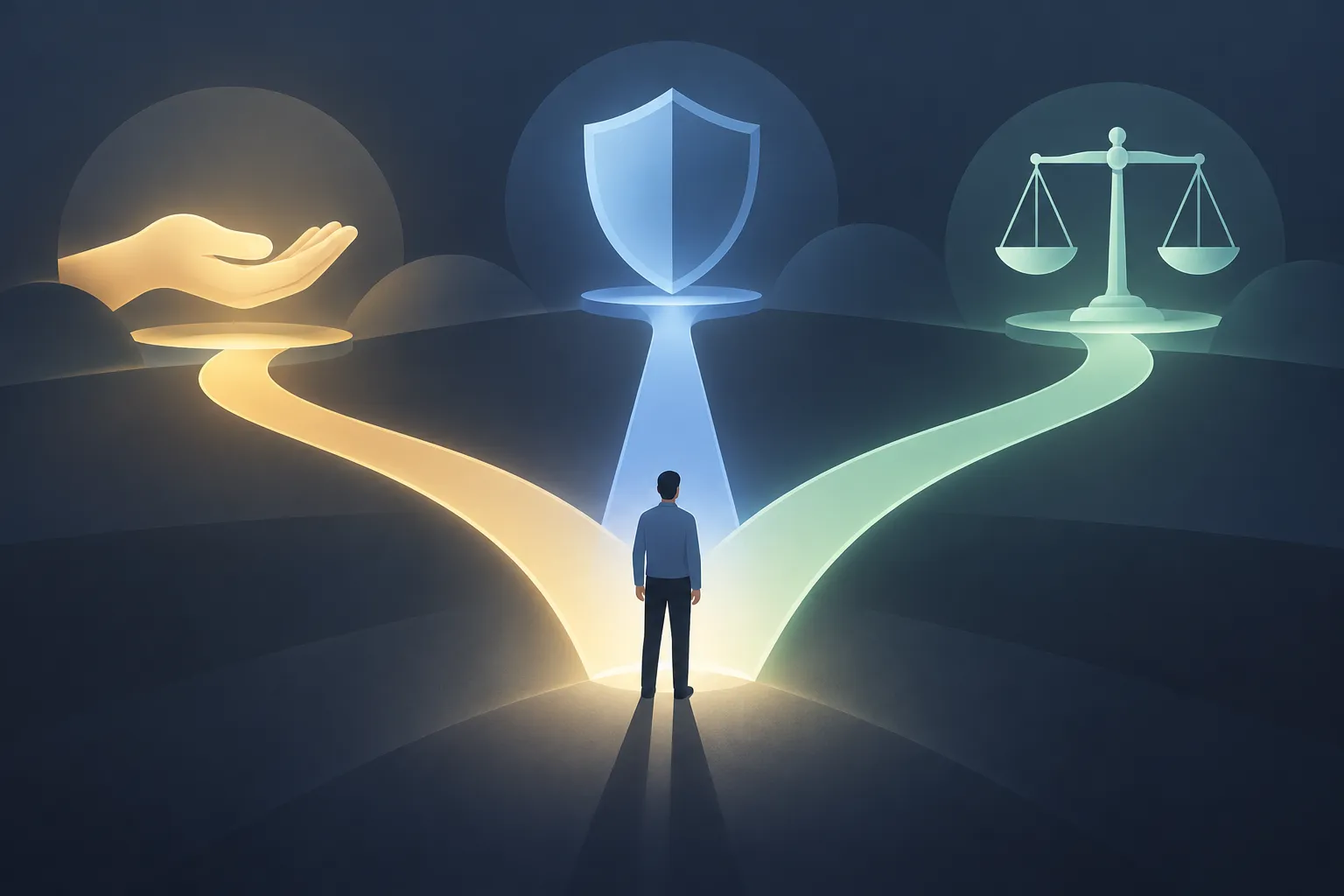 Three glowing paths branching from one point toward an open hand, a shield and a balance scale