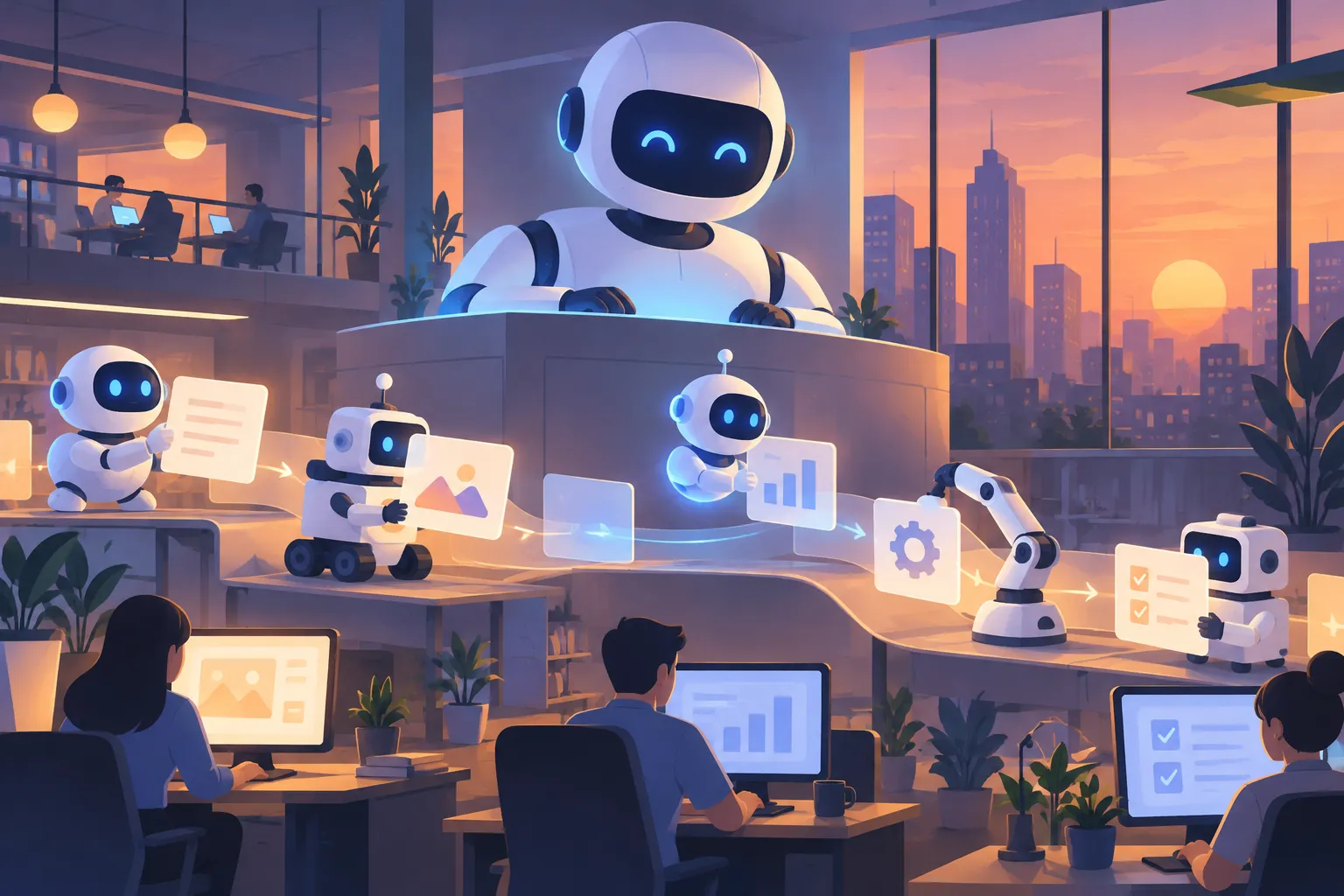 Small glowing assistant robots passing task cards along a conveyor while a larger robot supervises from above