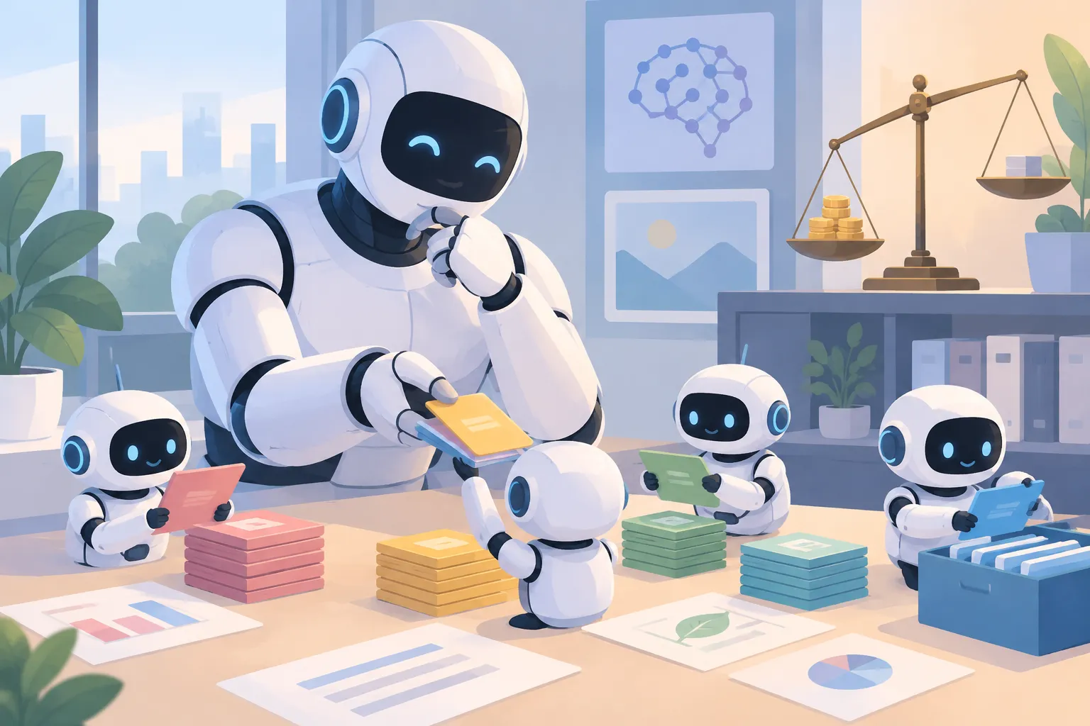 A large robot at a planning table handing small task cards to a team of fast small robots that sort and file them