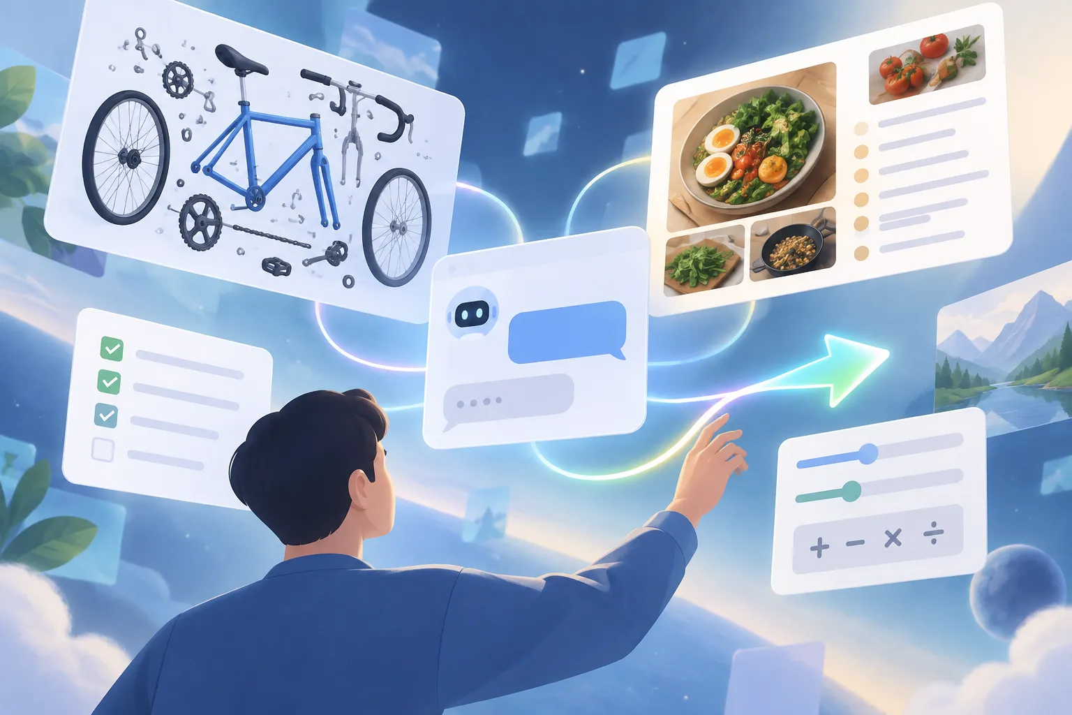 A chat window opening into a bicycle exploded view, a recipe card, a checklist and a slider calculator