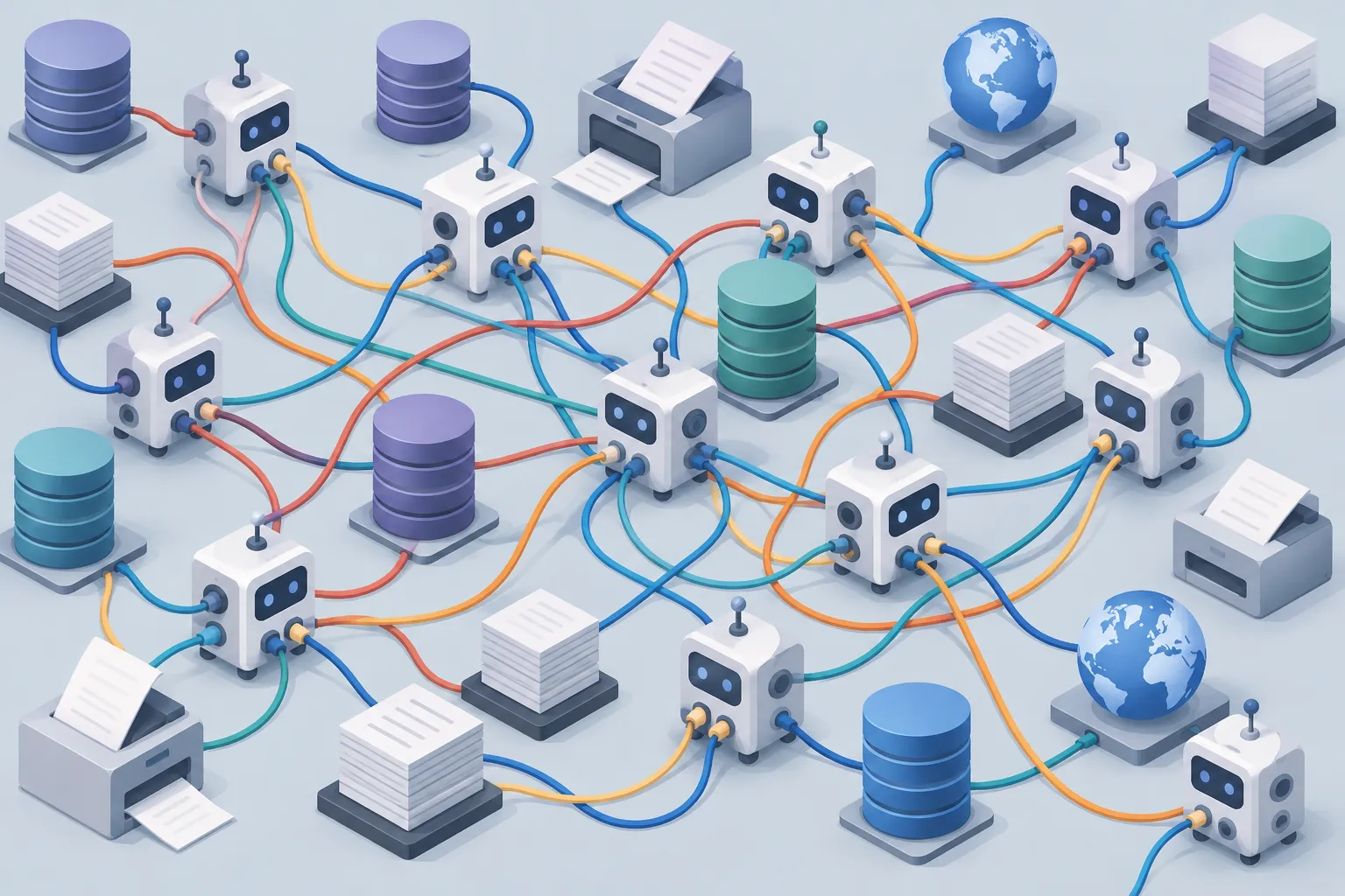 Many small robot-shaped boxes, each tangled in separate cables leading to databases, printers and web globes