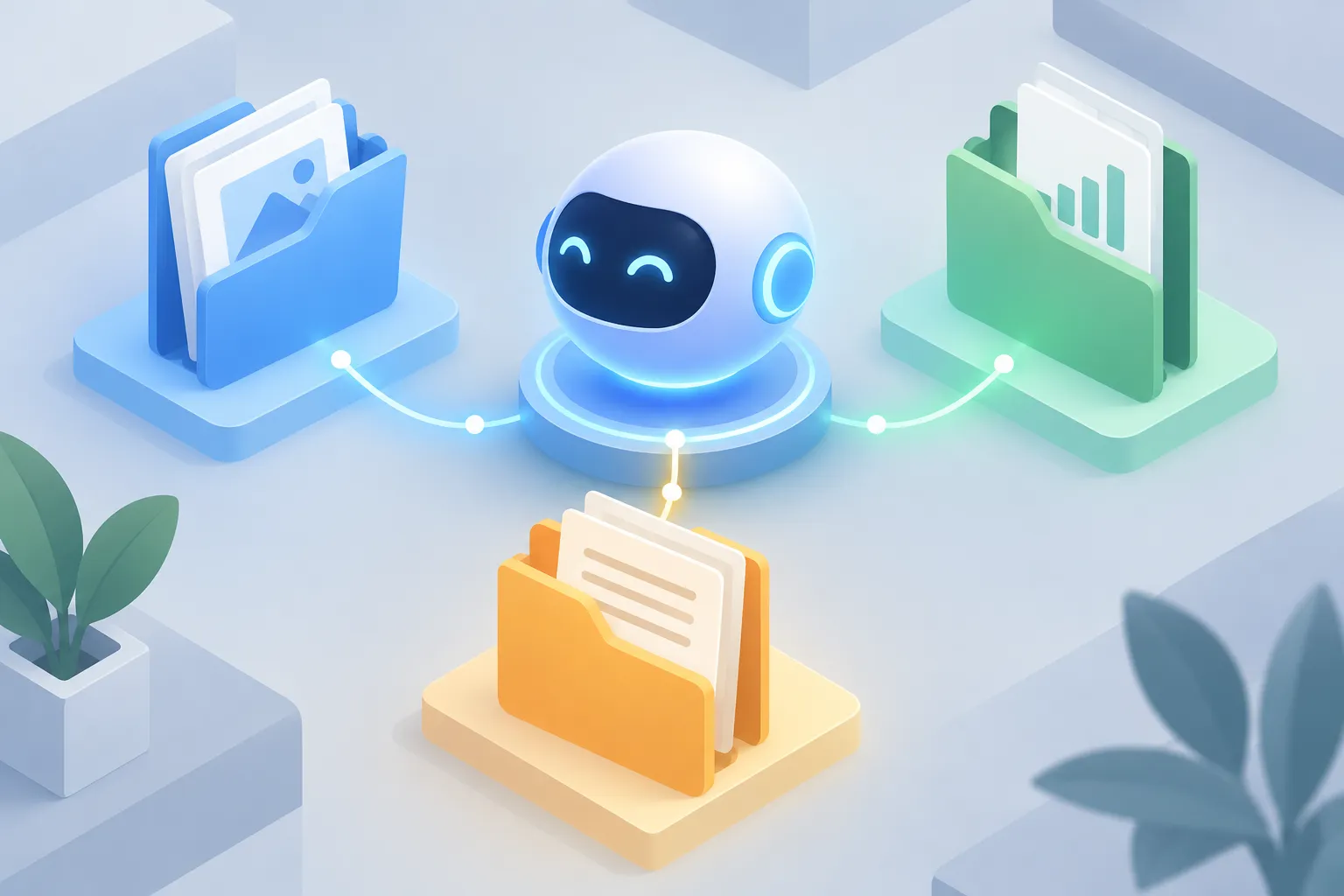 One abstract AI orb at the center connected by simple lines to three tidy folders glowing in different colors