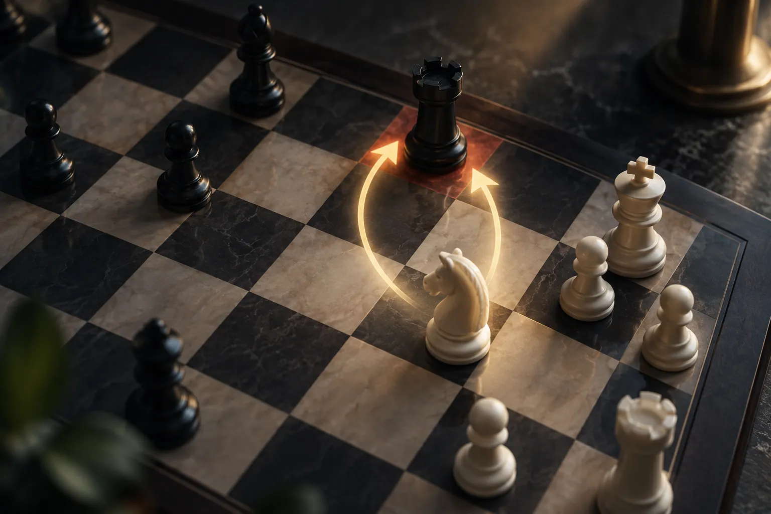 Overhead chessboard where a white knight is poised to trap a black rook near the white king’s side