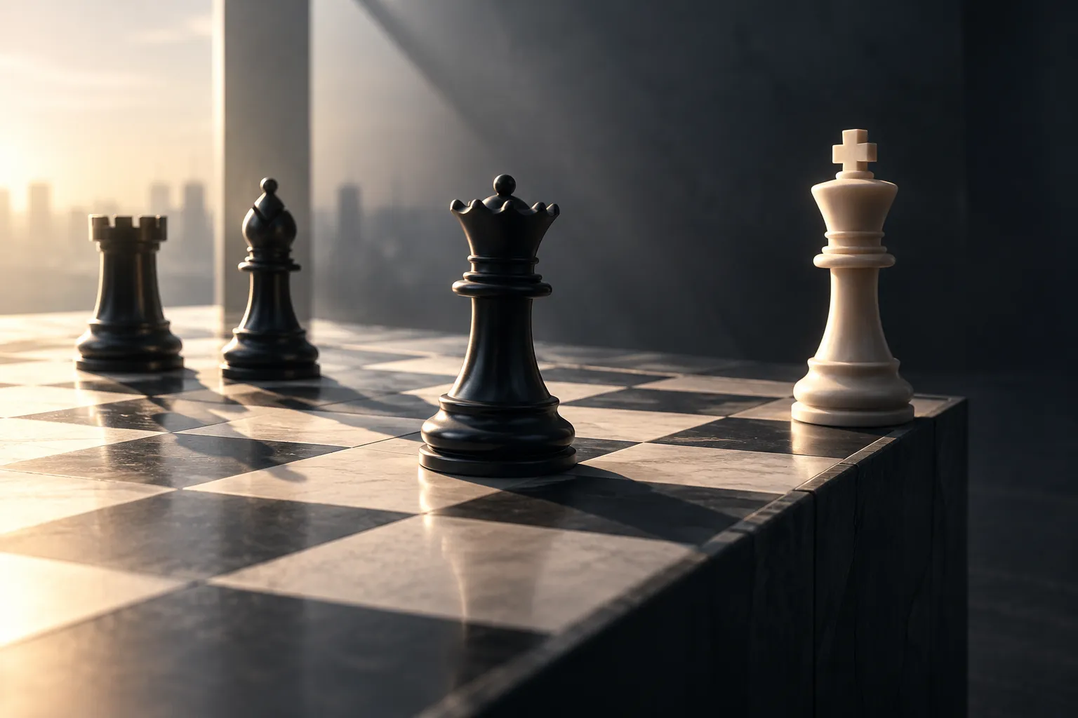 A black queen, rook and bishop closing in on the white king during a decisive checkmating attack