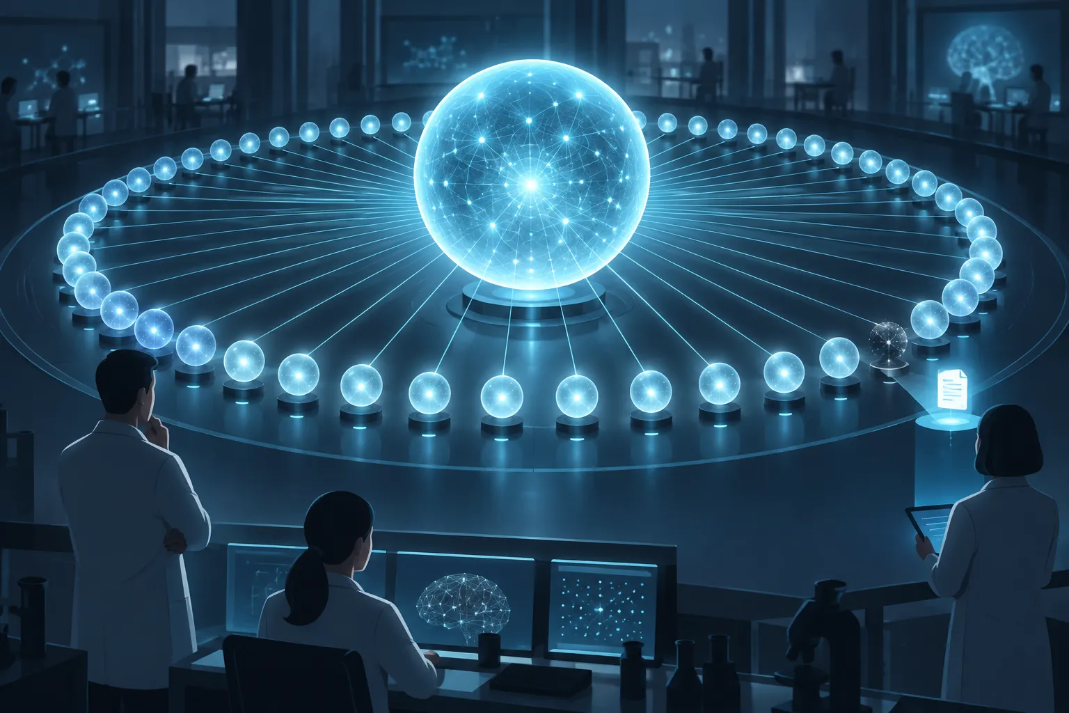 A large glowing sphere at the center of a dark lab sending beams to a ring of about sixty smaller glowing spheres