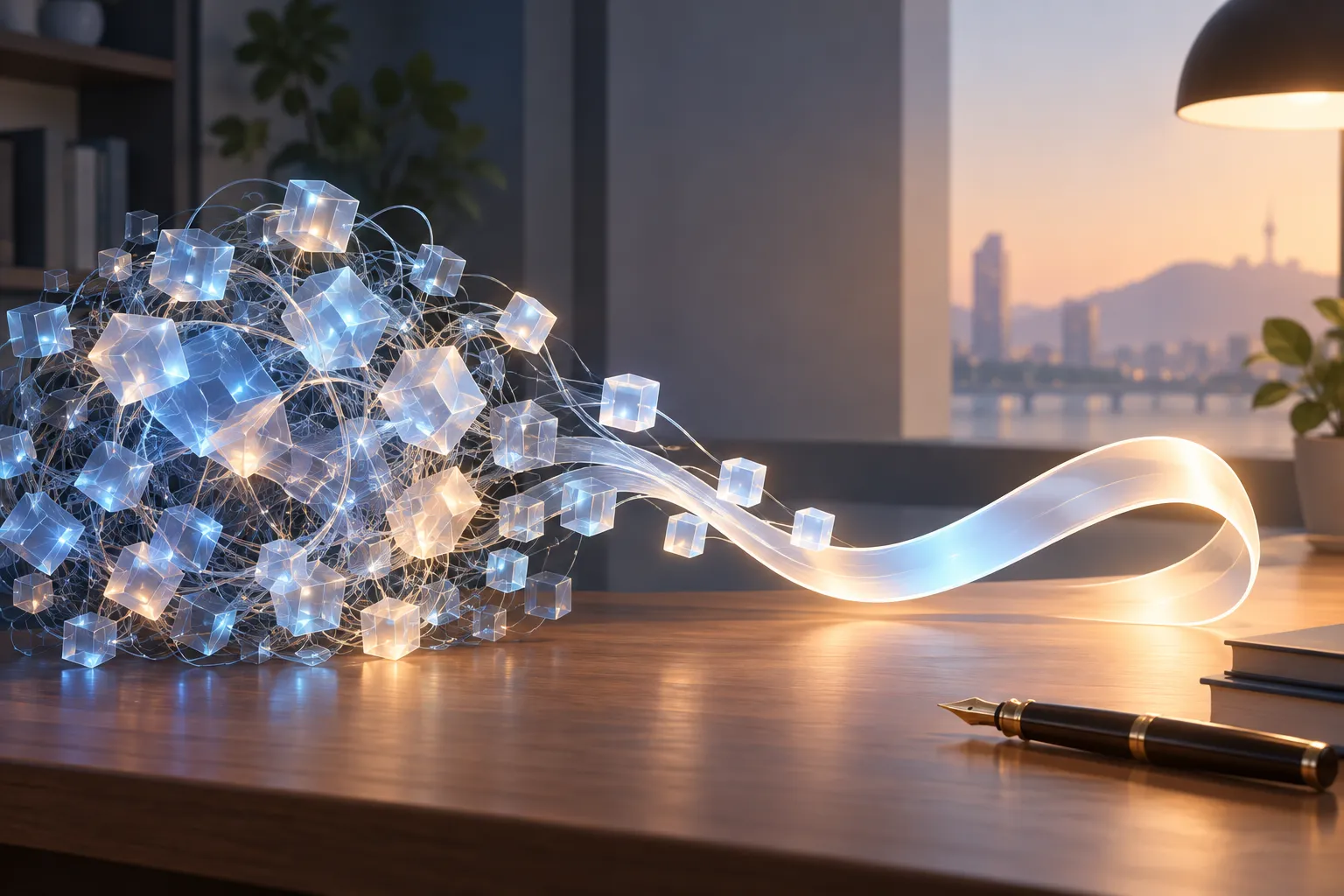 A tangled lattice of glowing glass cubes on a desk unraveling into a single smooth ribbon of light