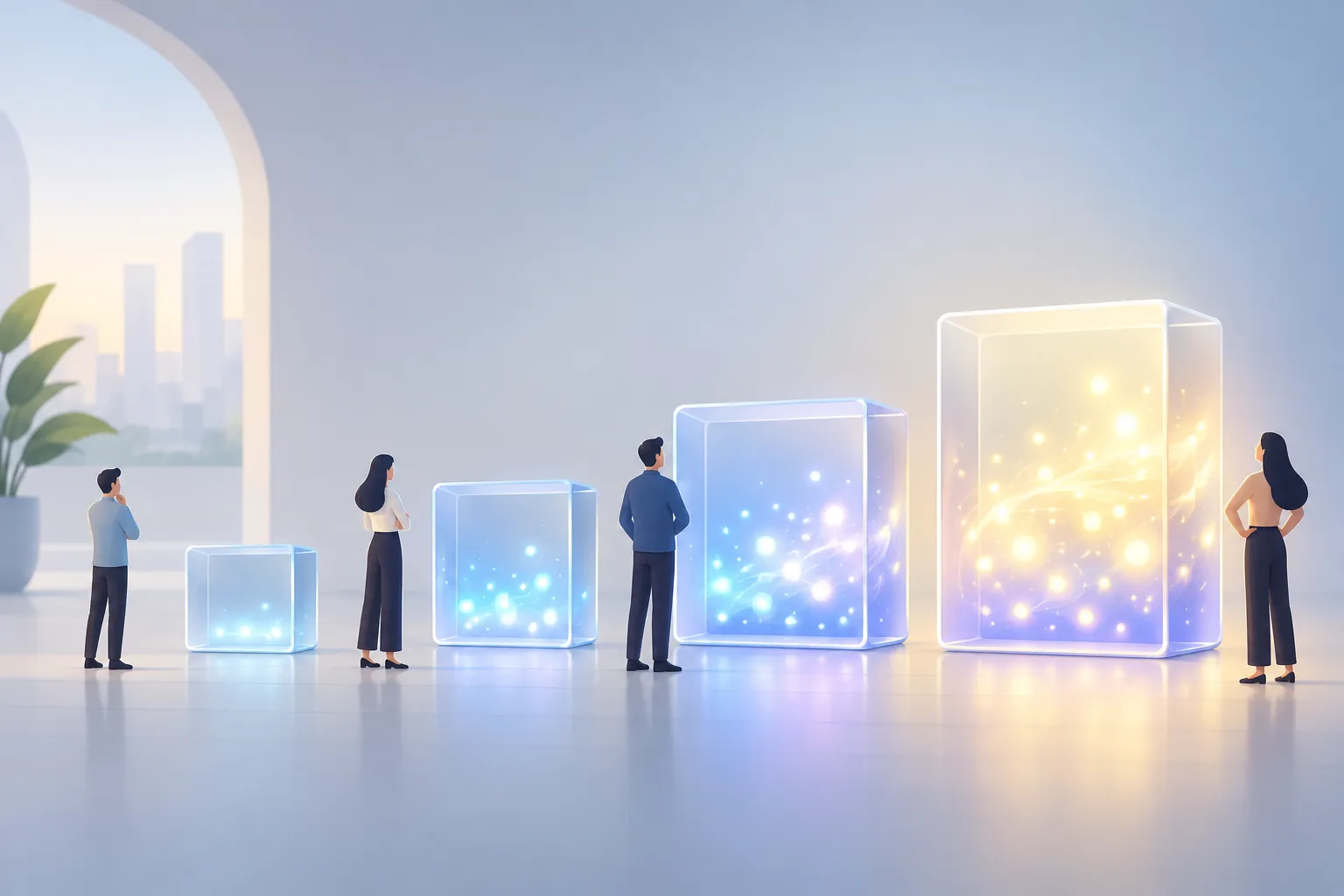 Four translucent glass blocks of rising size filling with light, representing subscription tiers