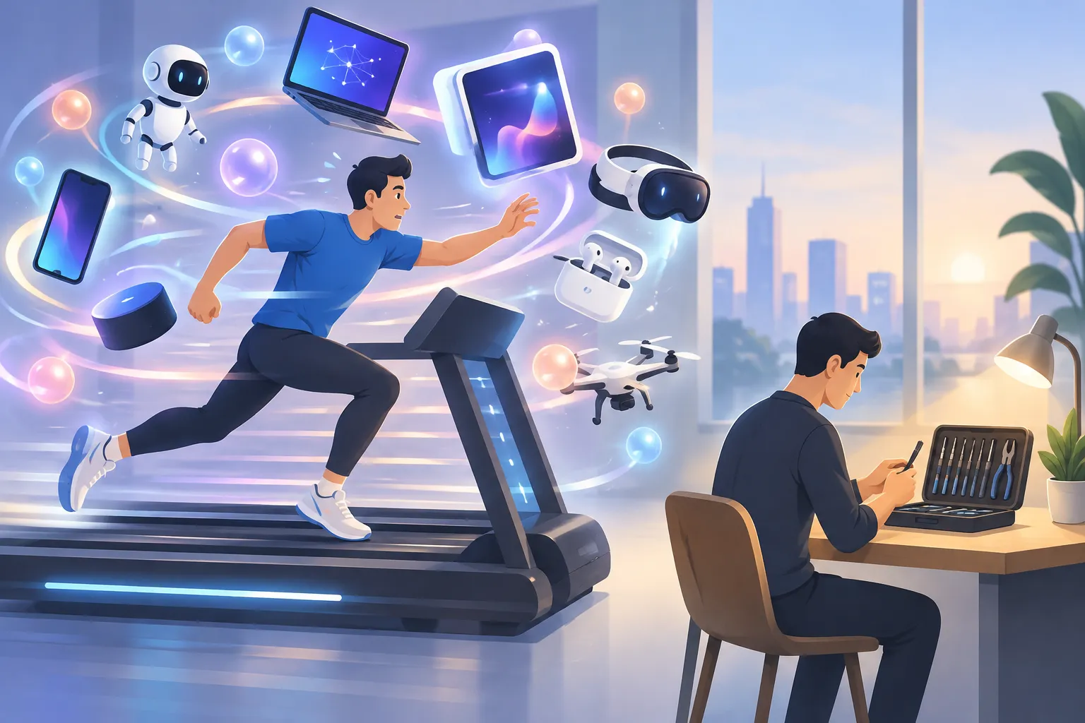 A runner on a treadmill chasing shiny gadgets beside a calm, organized workbench with one toolset