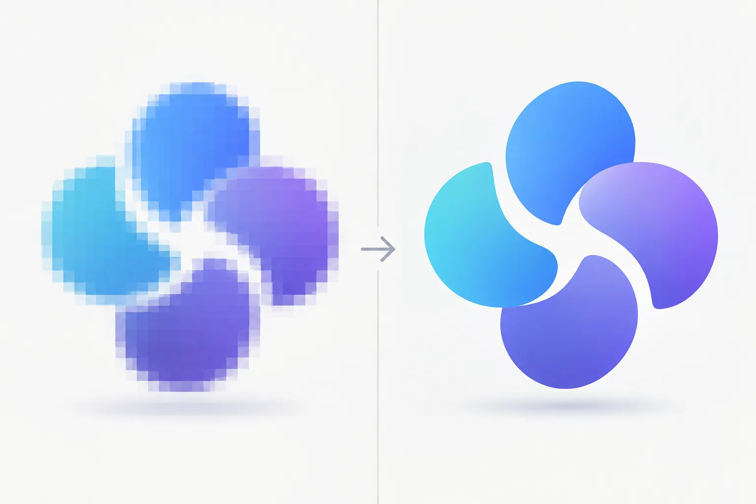 Side-by-side illustration of a pixelated bitmap logo shape and the same shape as smooth vector curves