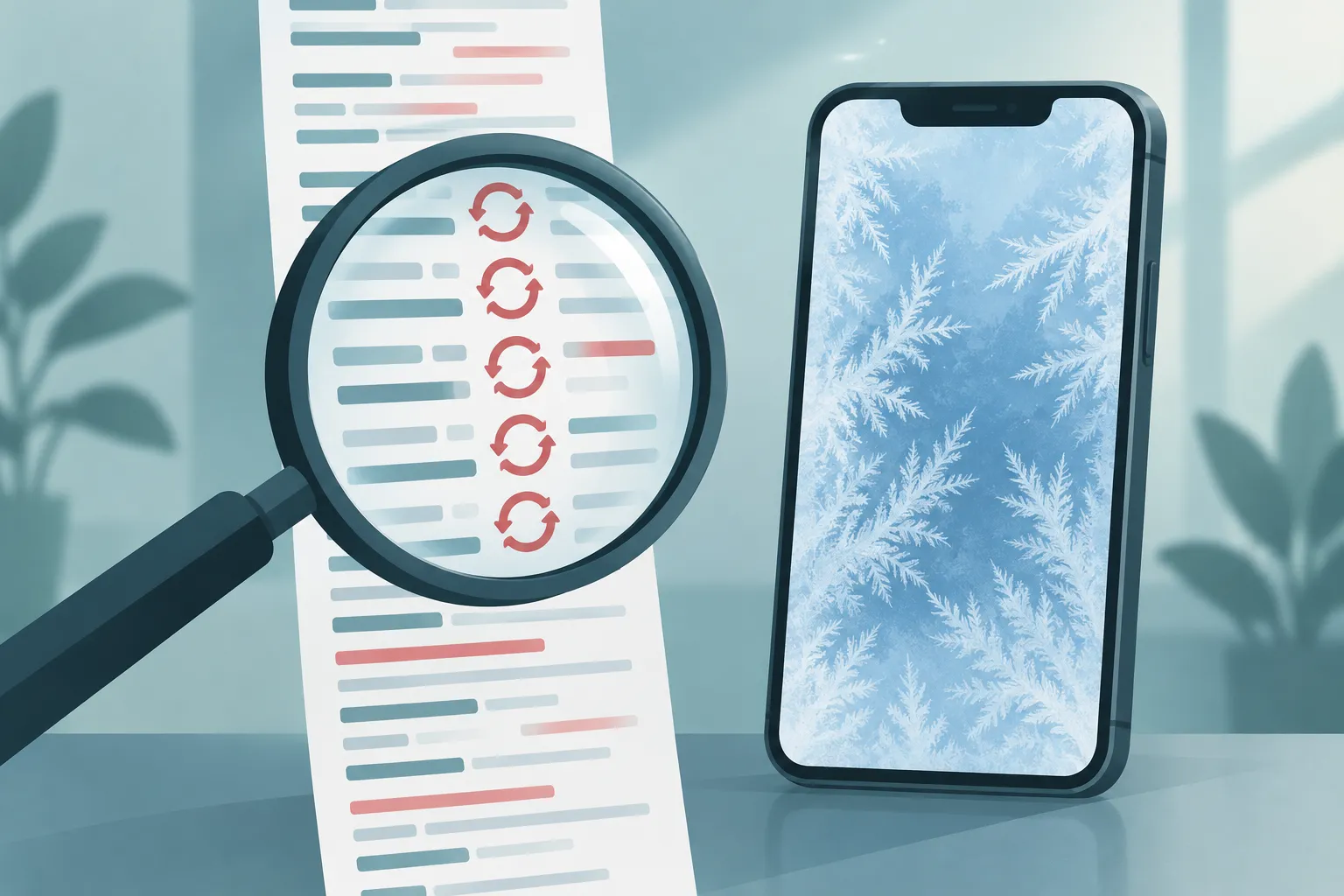 A magnifying glass over abstract log lines reveals a repeating loop beside a smartphone with a frozen screen
