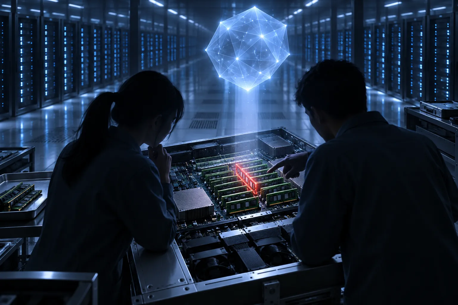 A beam of light singling out one red-glowing memory module on a server board inside a vast data center